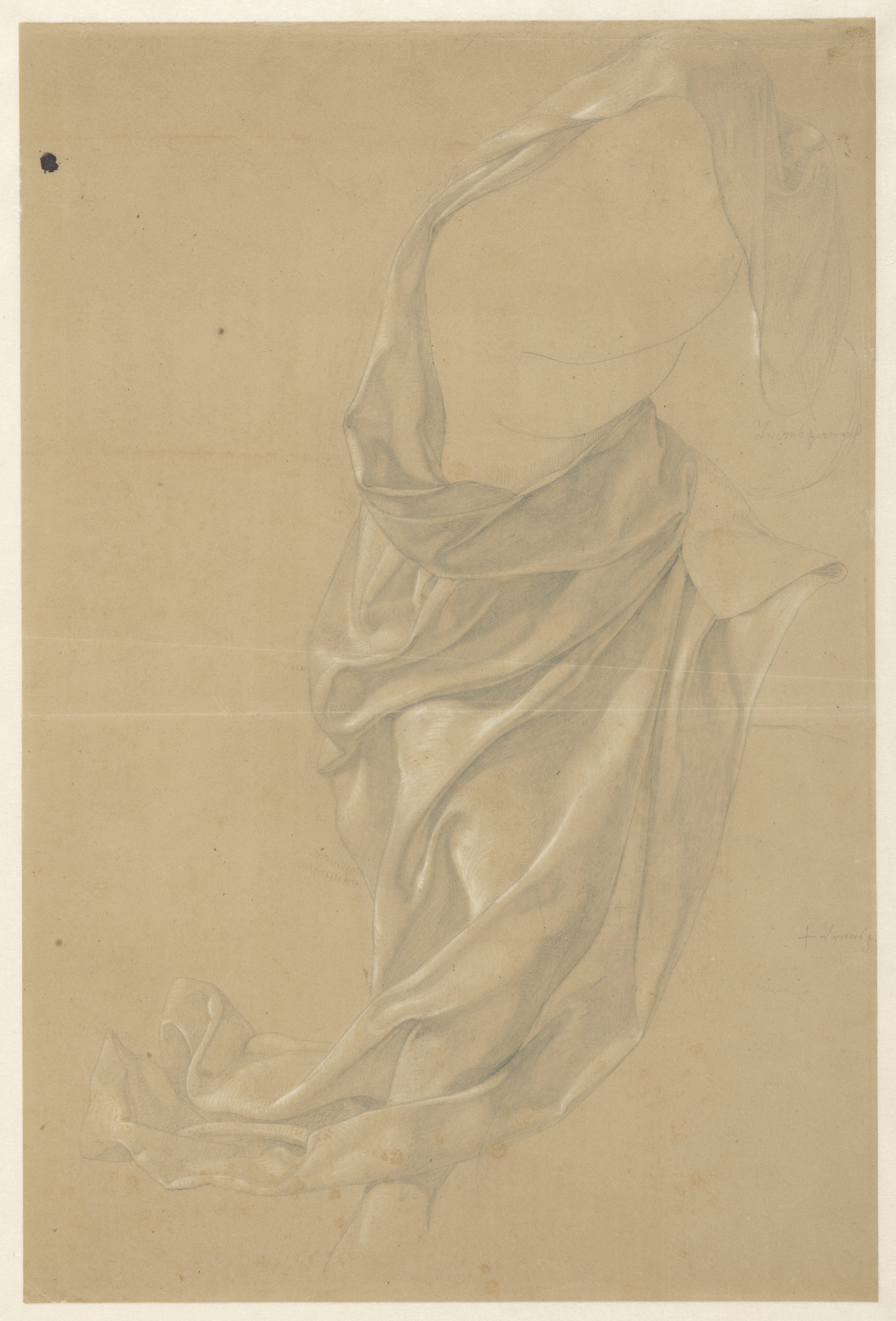 Draperiestudie van een naar rechts schrijdende figuur, de mantel over het hoofd geslagen