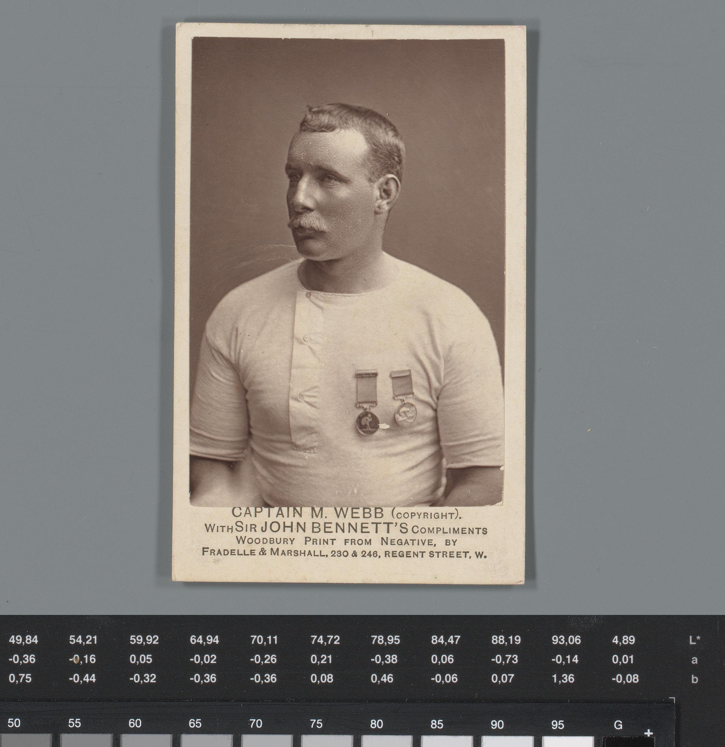 Reclame voor horloges van John Bennett met portret van kapitein Matthew Webb