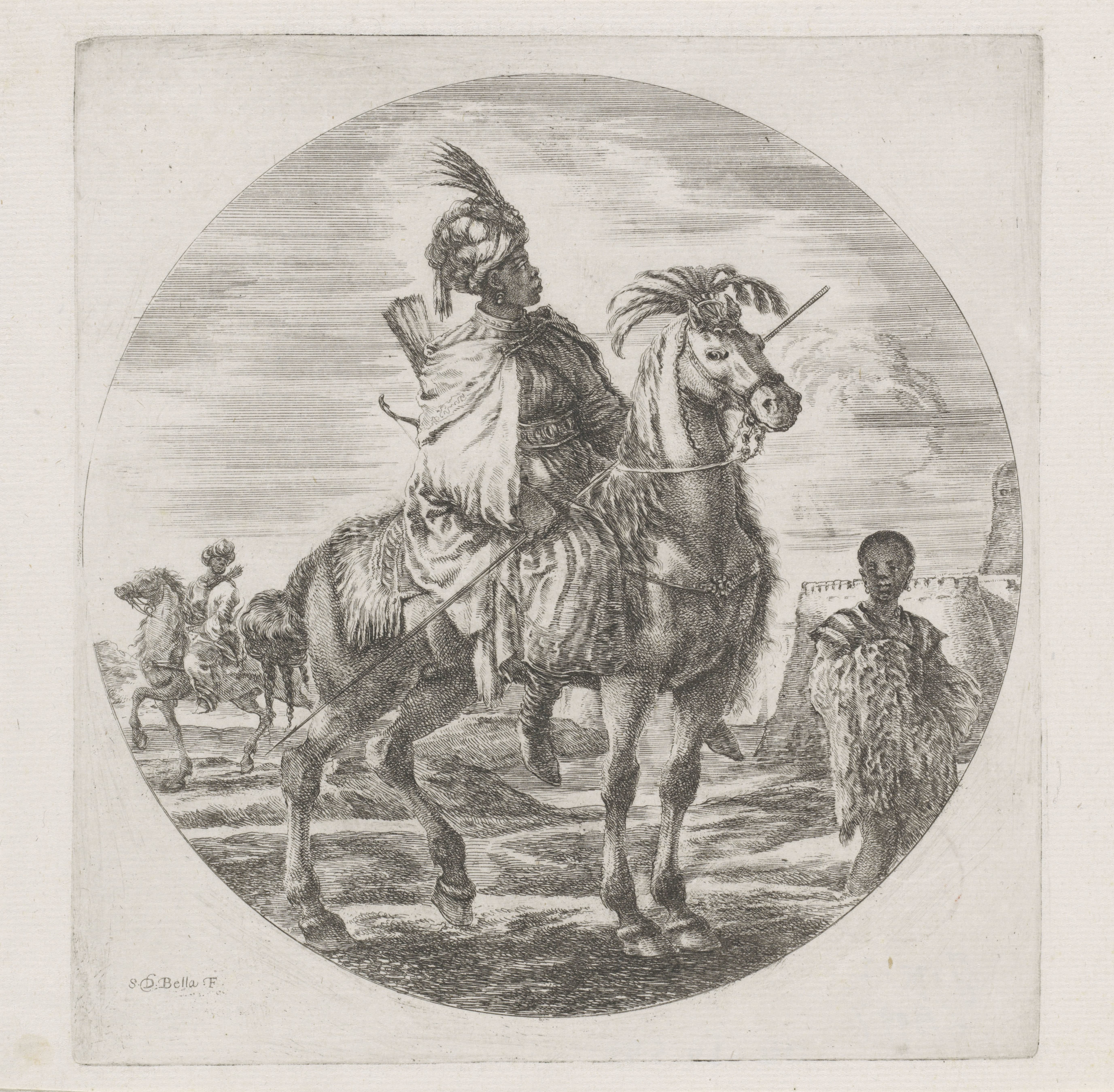 Afrikaanse man met tulband en speer te paard, rechts een tot slaaf gemaakte jongen