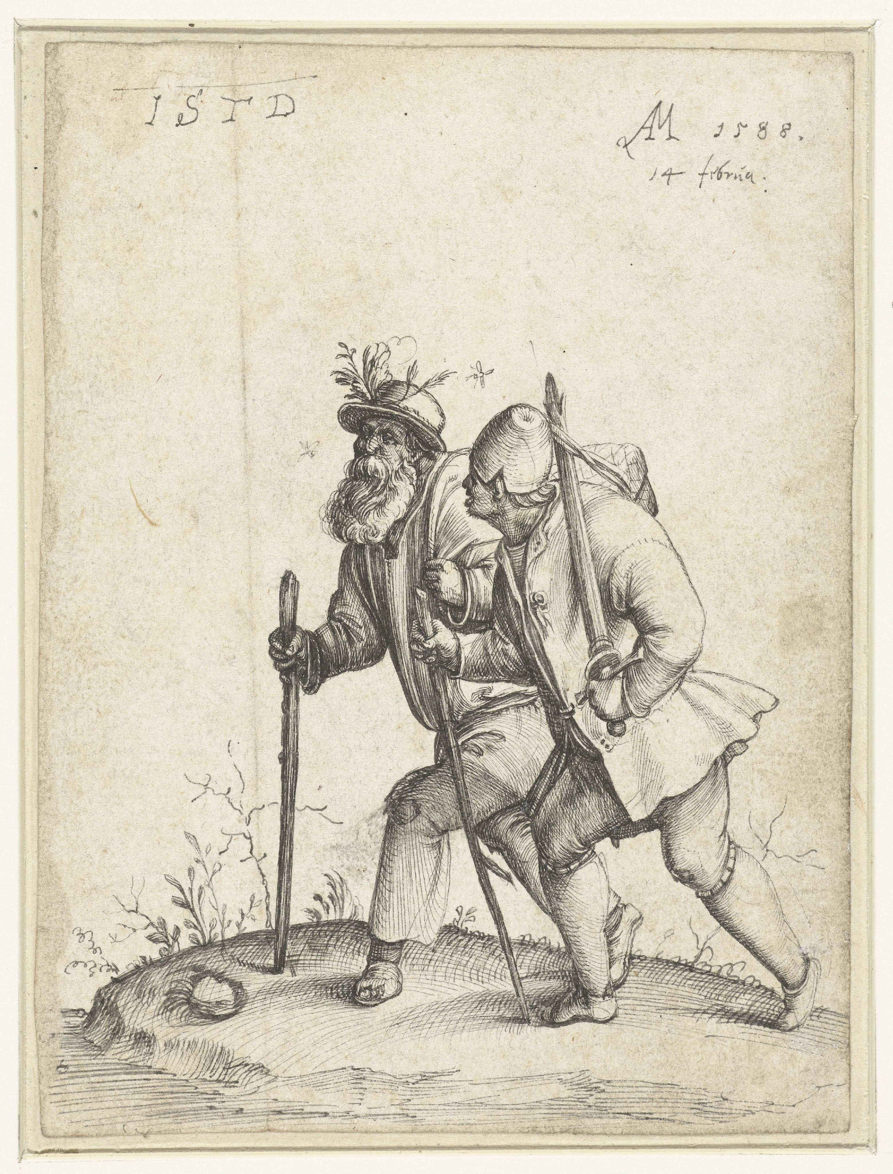 Oude zwerver met jongeman met zwaard