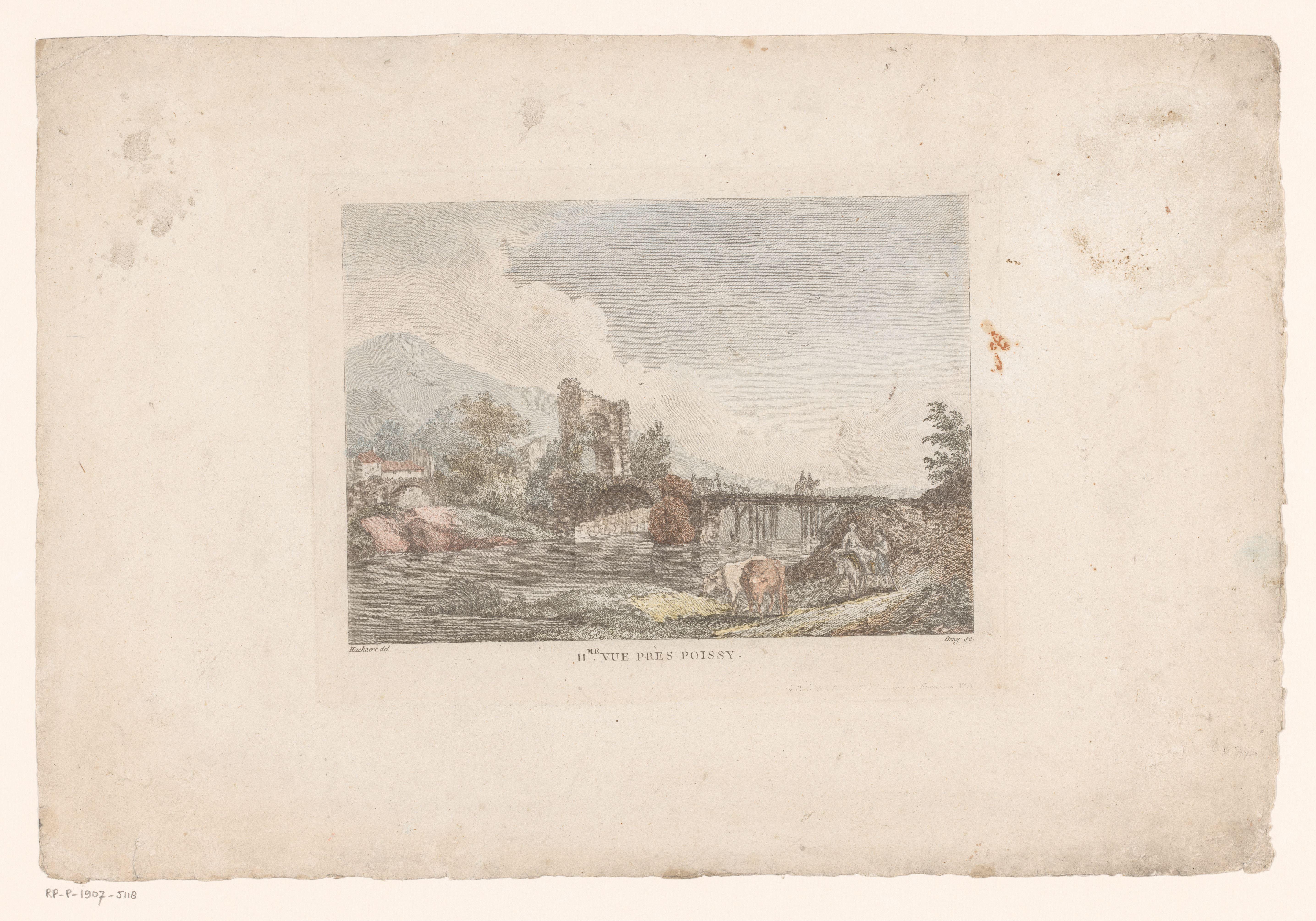 Rivierlandschap met herders bij een brug