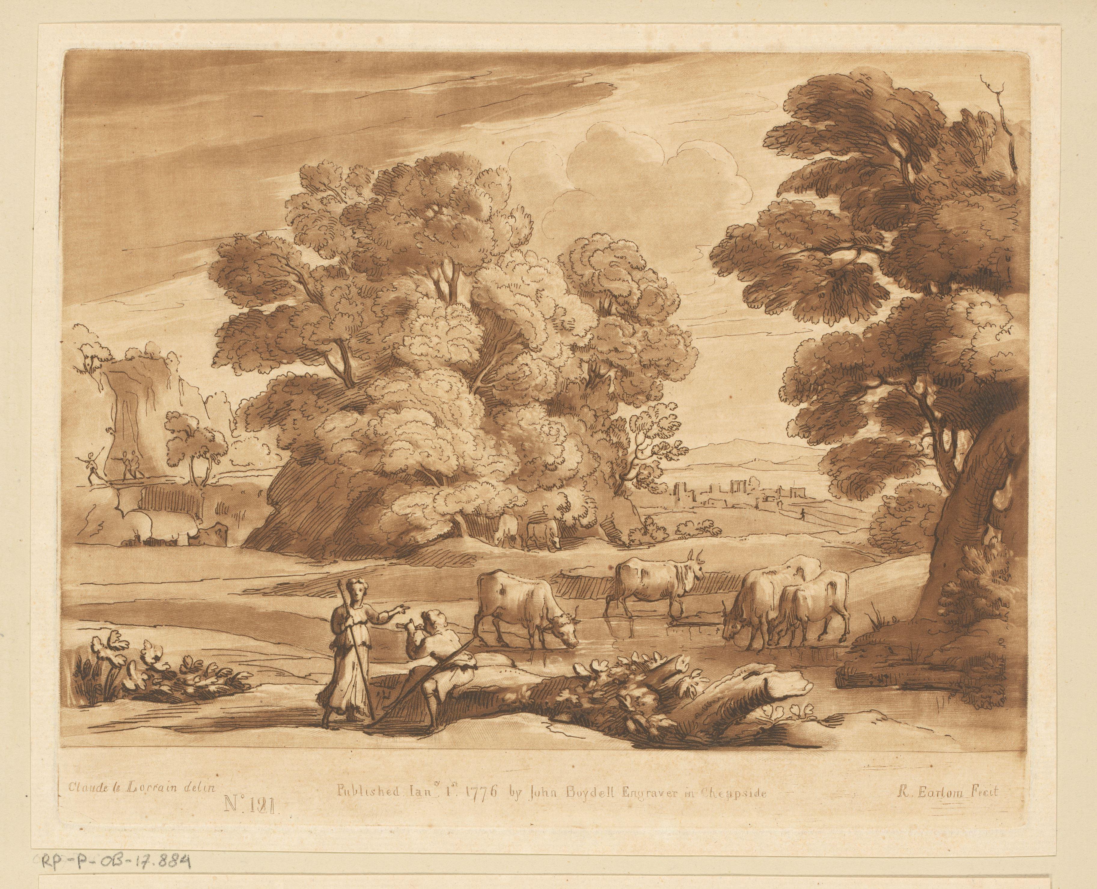 Landschap met zes ossen aan een oever en herder die fluit speelt voor een herderin
