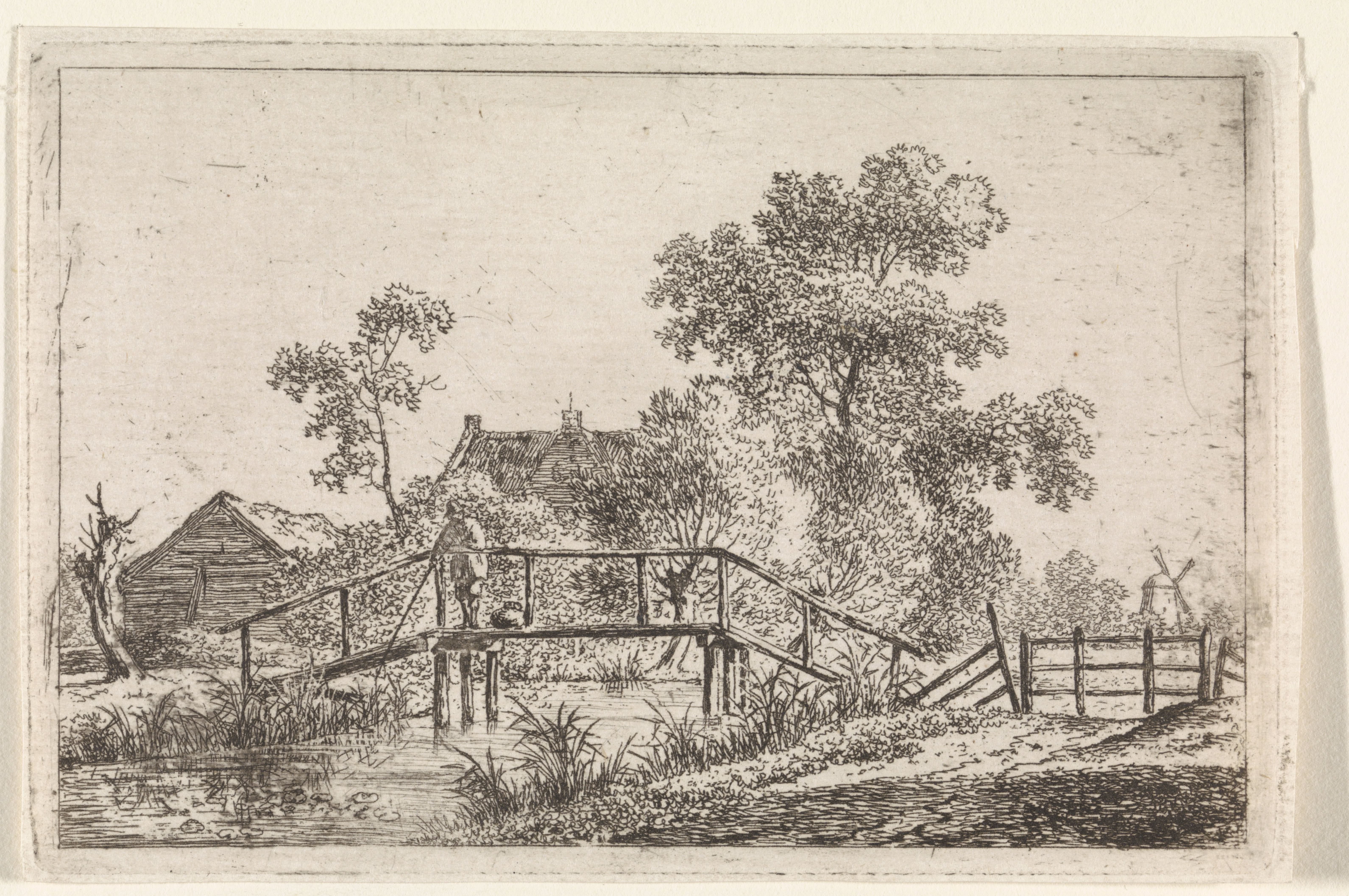 Landschap met visser op brug