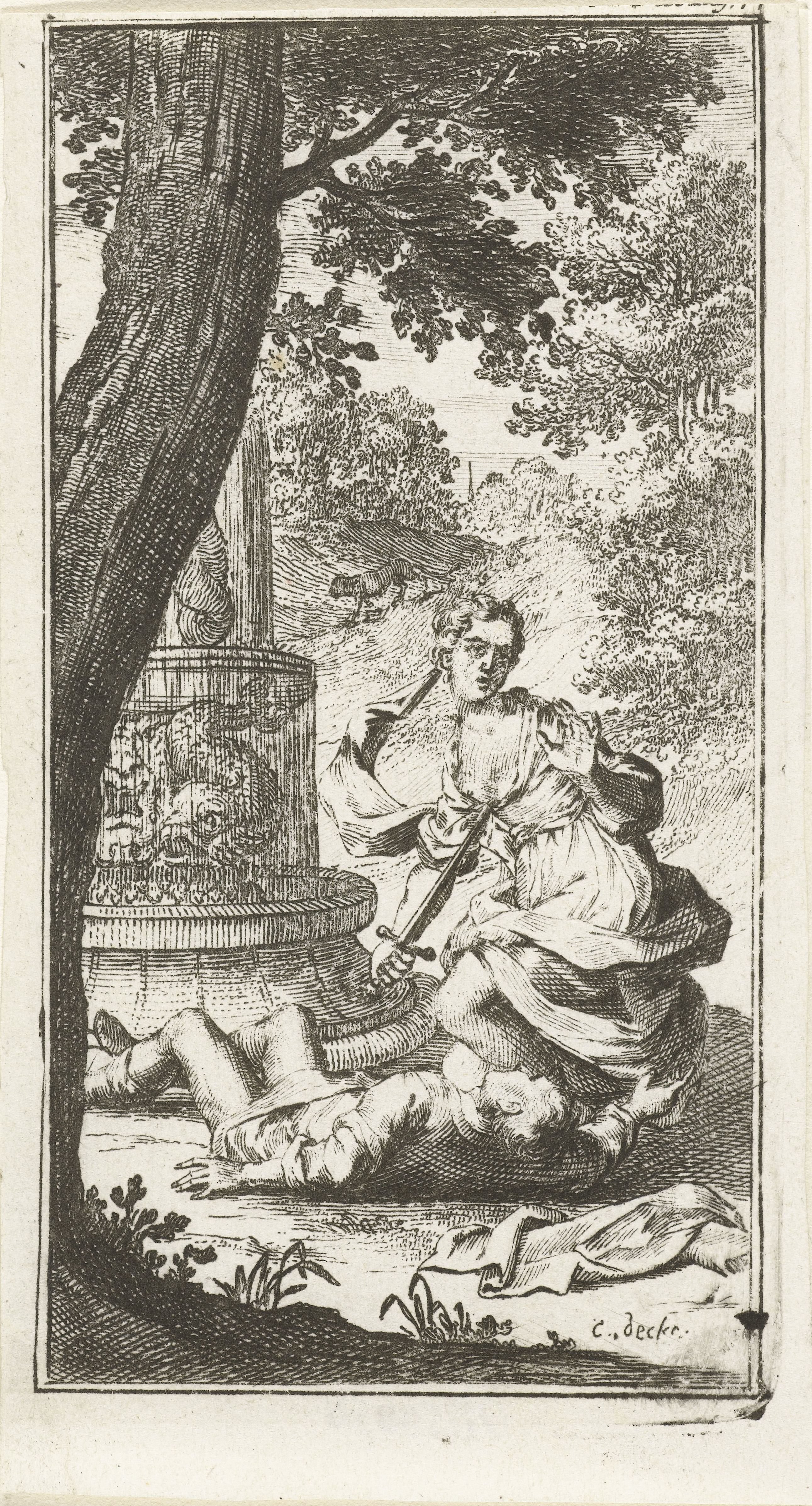 Thisbe doodt zichzelf met zwaard van Pyramus bij fontein