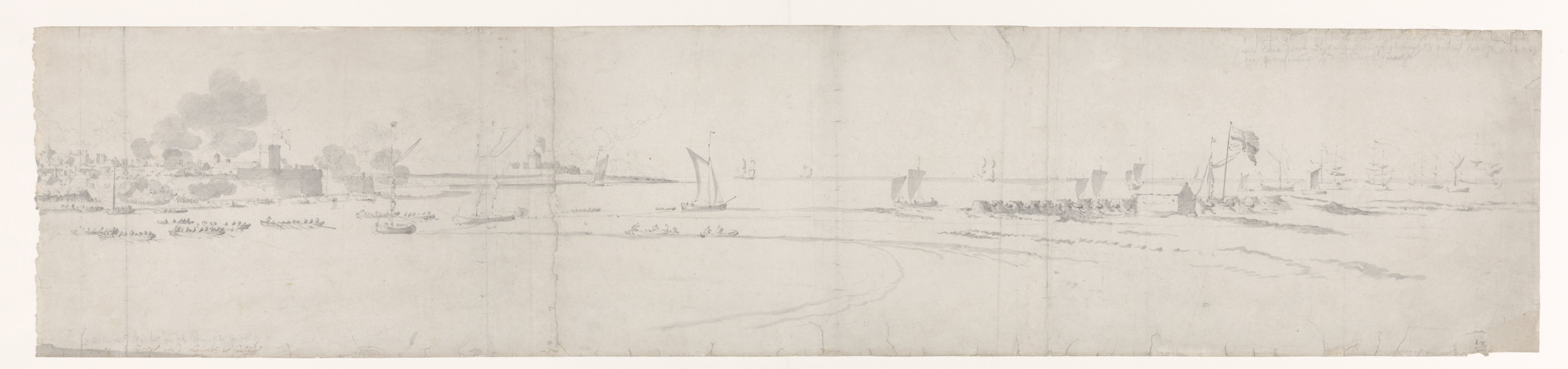 Enkele schepen en sloepen met manschappen voor de kust bij Portsmouth