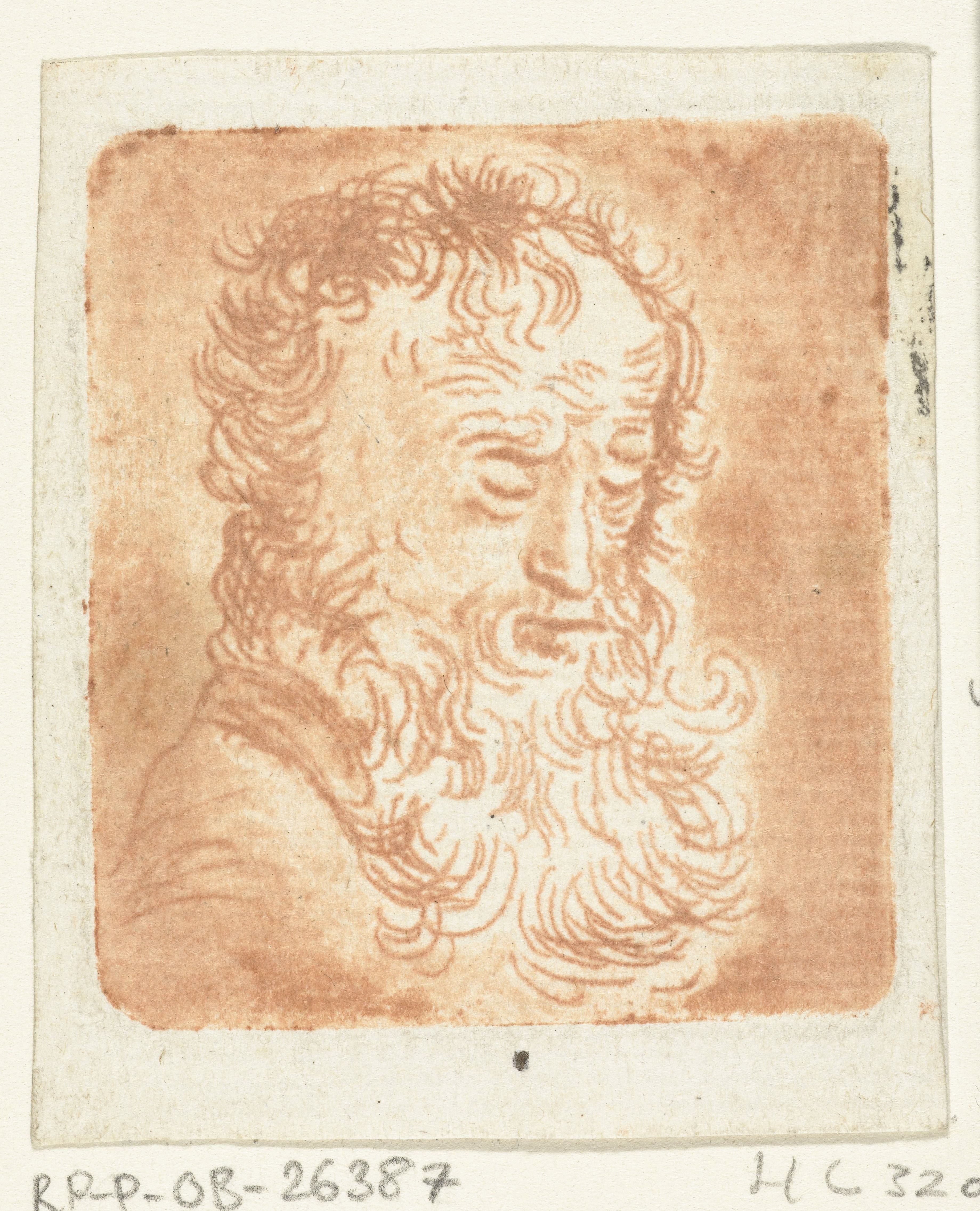 Oude man met baard met de blik naar beneden gericht: driekwart, naar rechts