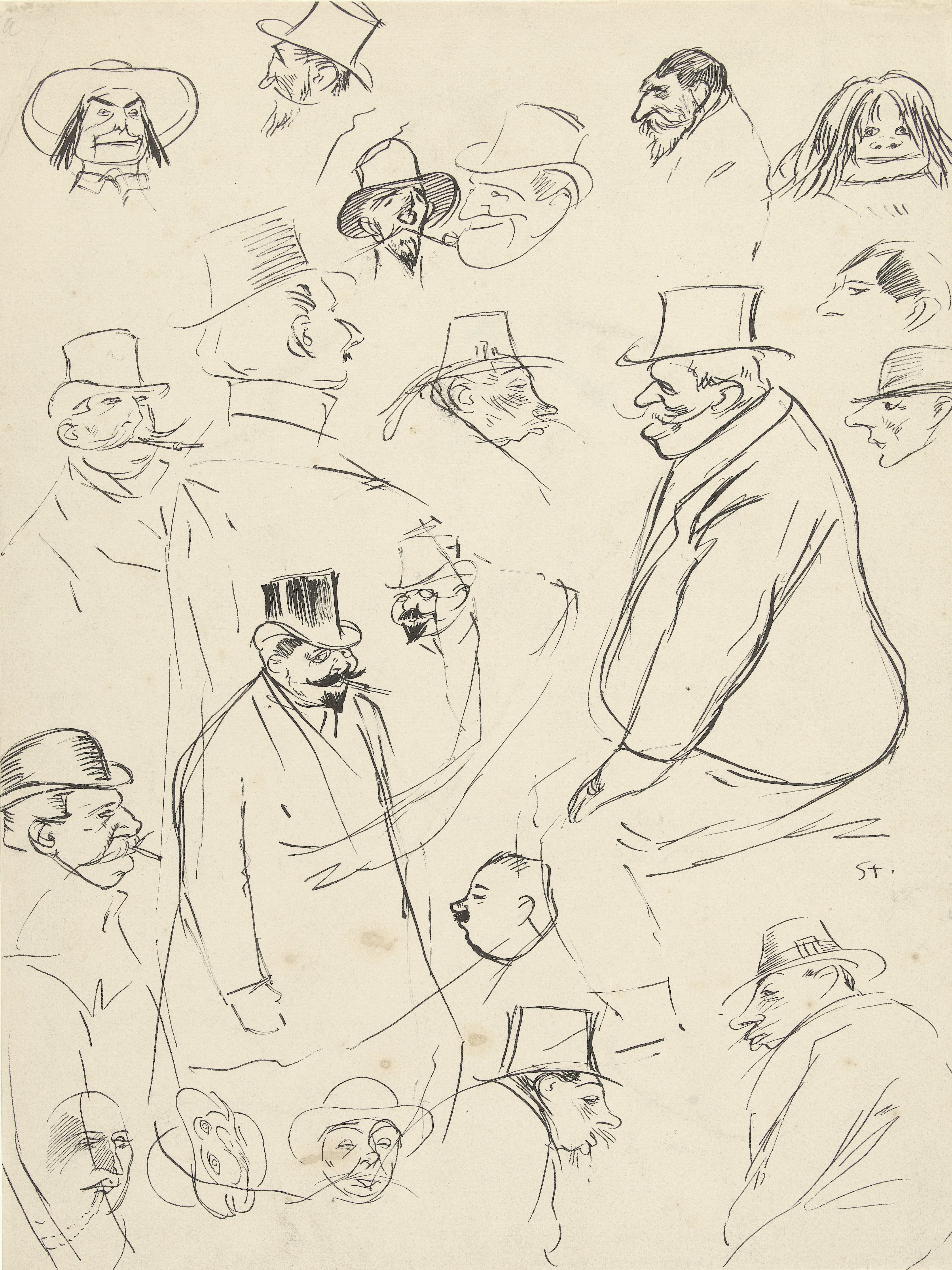 Karikaturale portret- en figuurstudies van mannen