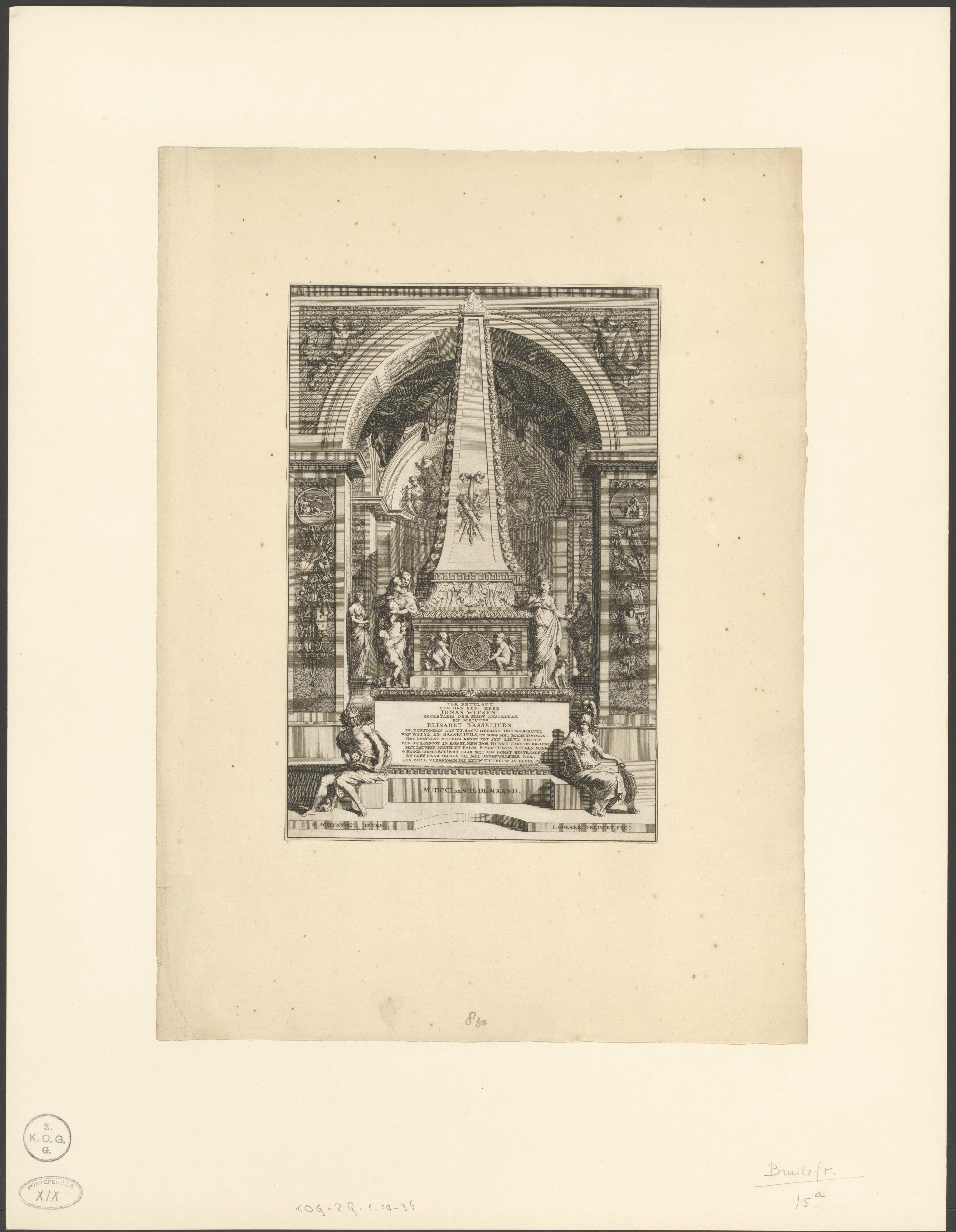 Ter bruyloft van den eed.l heer Jonas Witsen, secretaris der stadt Amsteldam en mejuffer Elisabet Basseliers (...) MDCCI XXI Wiedemaand