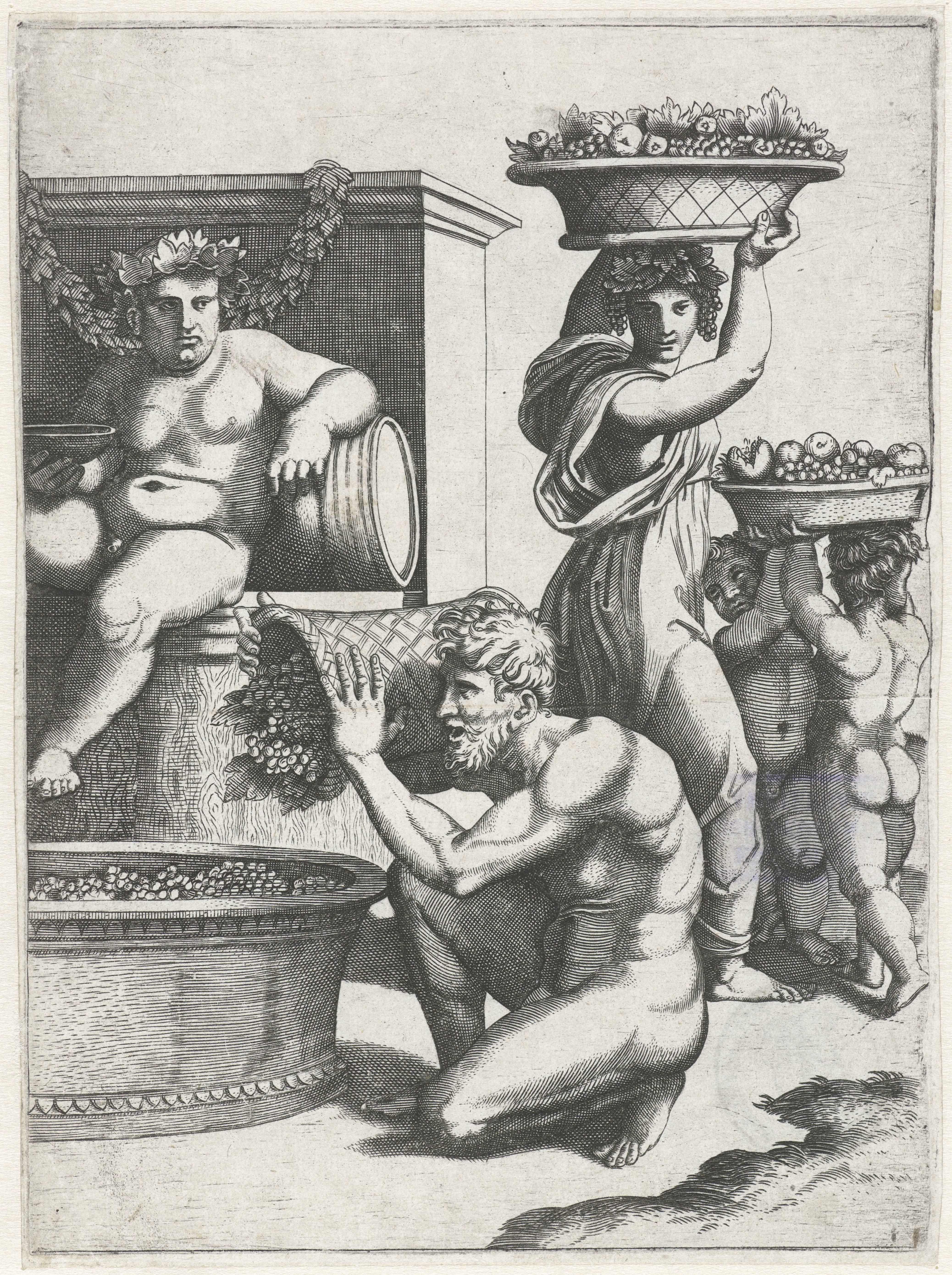 Bacchus kijkt toe hoe een man en vrouw en twee kinderen manden met druiven dragen voor de bereiding van wijn