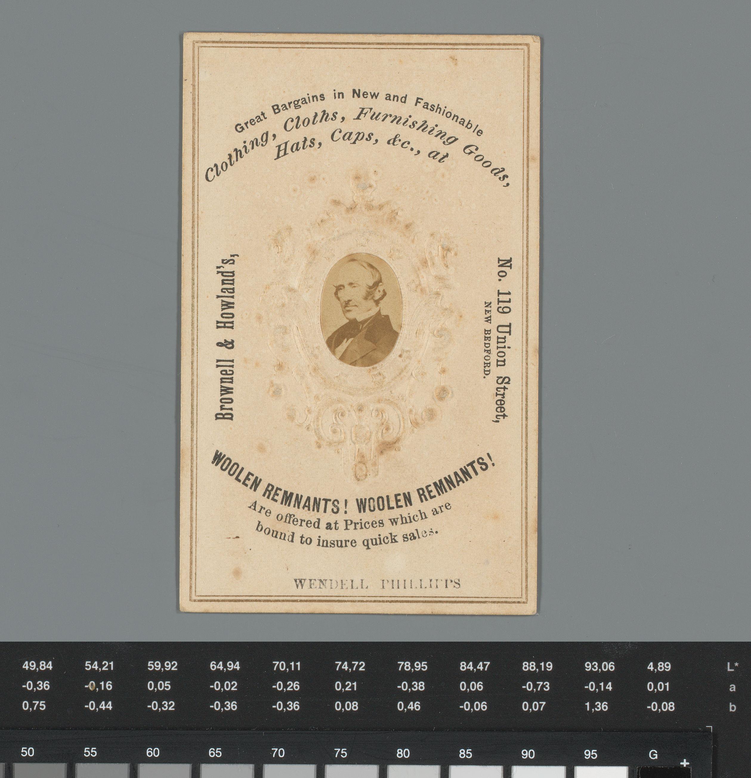 Reclame voor kledingzaak Brownell & Howland in New Bedford, Massachusetts, met portret van Wendell Phillips
