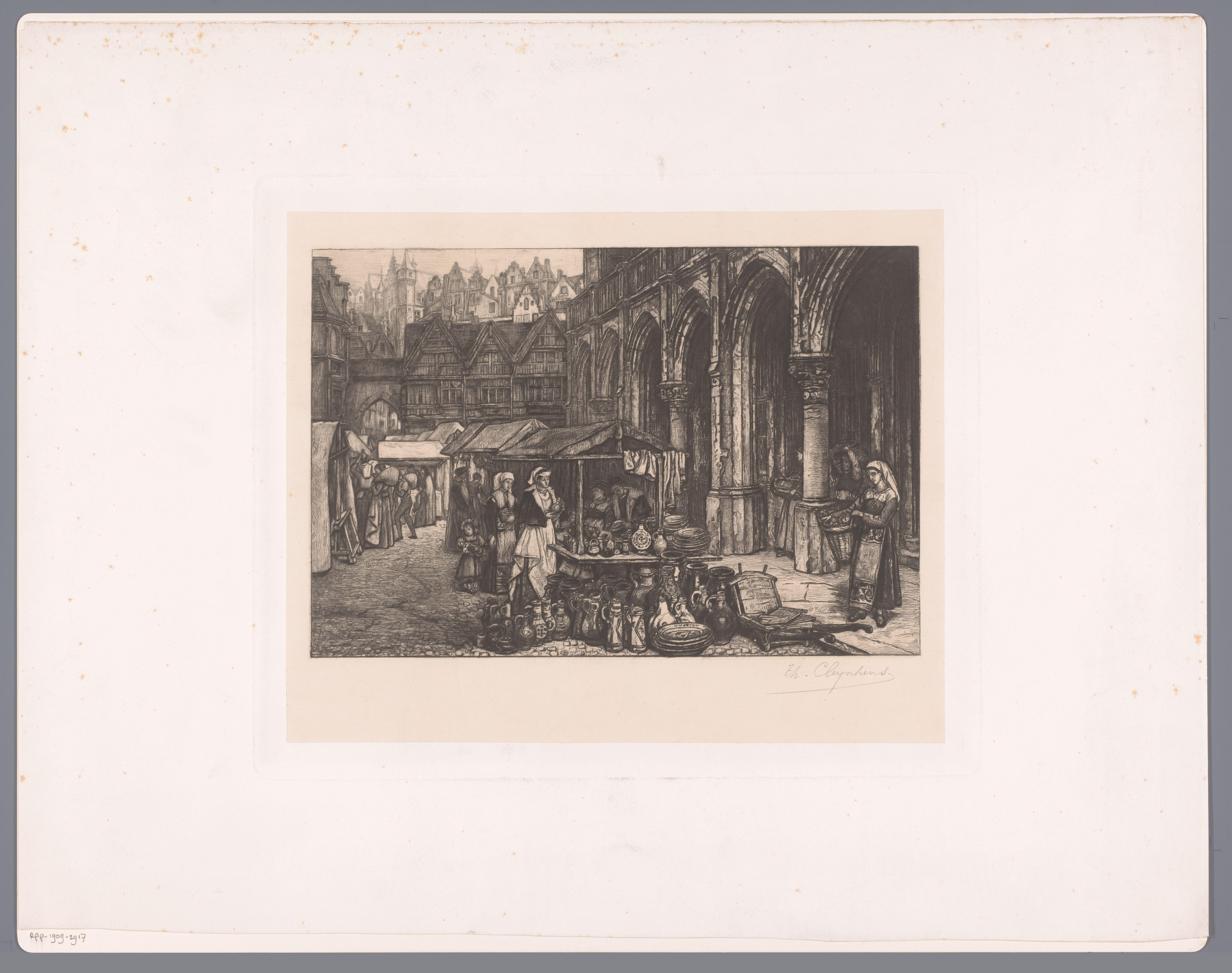 Middeleeuwse markt met keramiekkraam