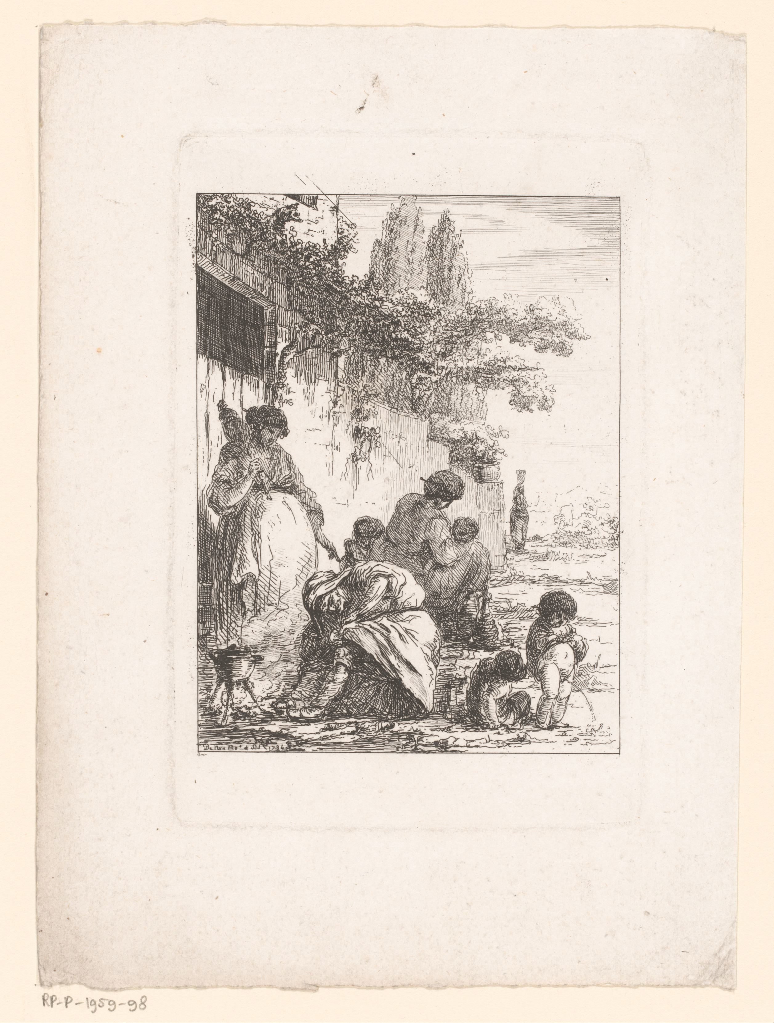 Landschap met rustende figuren bij een muur