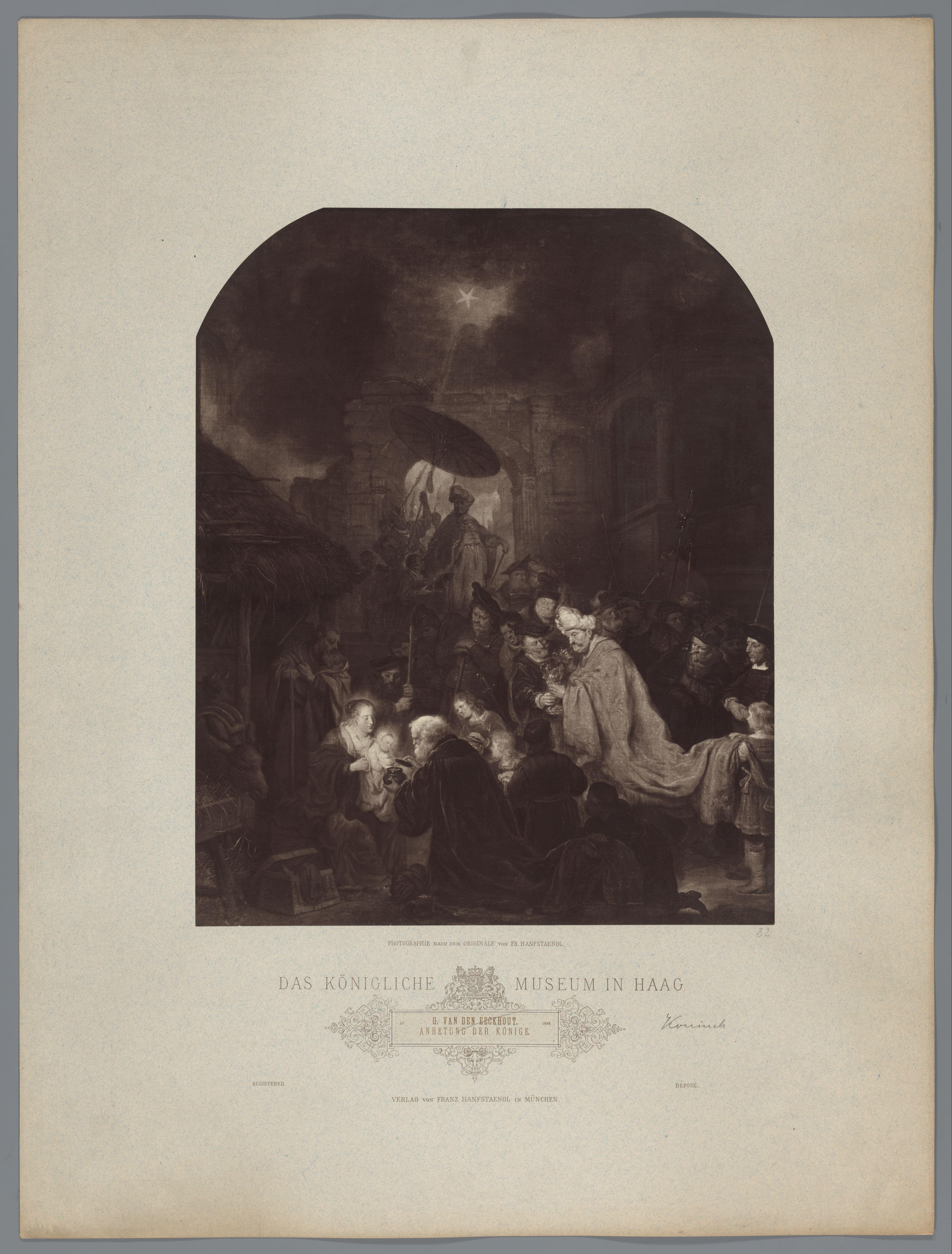 Fotoreproductie van schilderij De aanbidding der koningen door Salomon Koninck, coll. Mauritshuis
