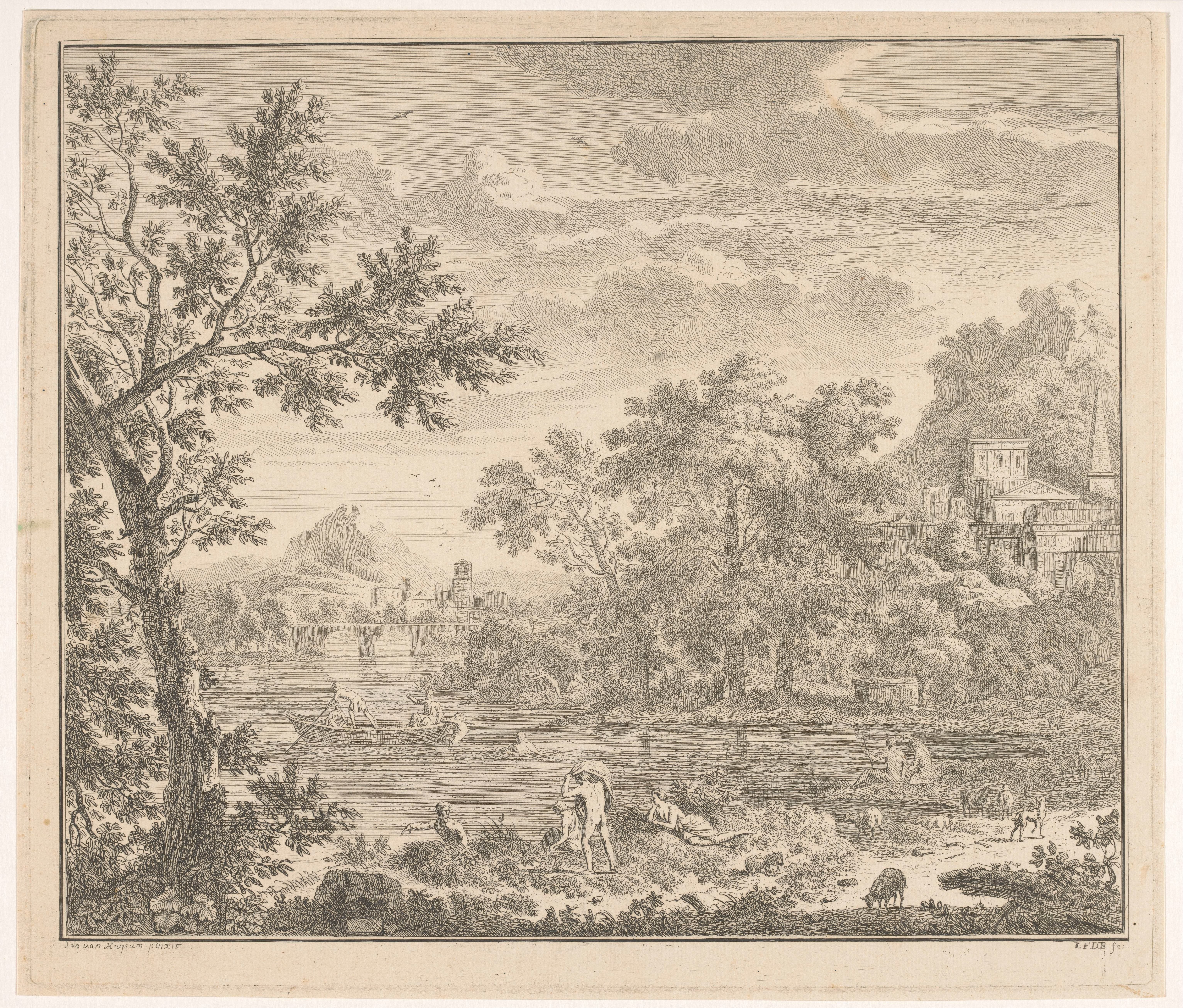 Arcadisch landschap met badende mensen