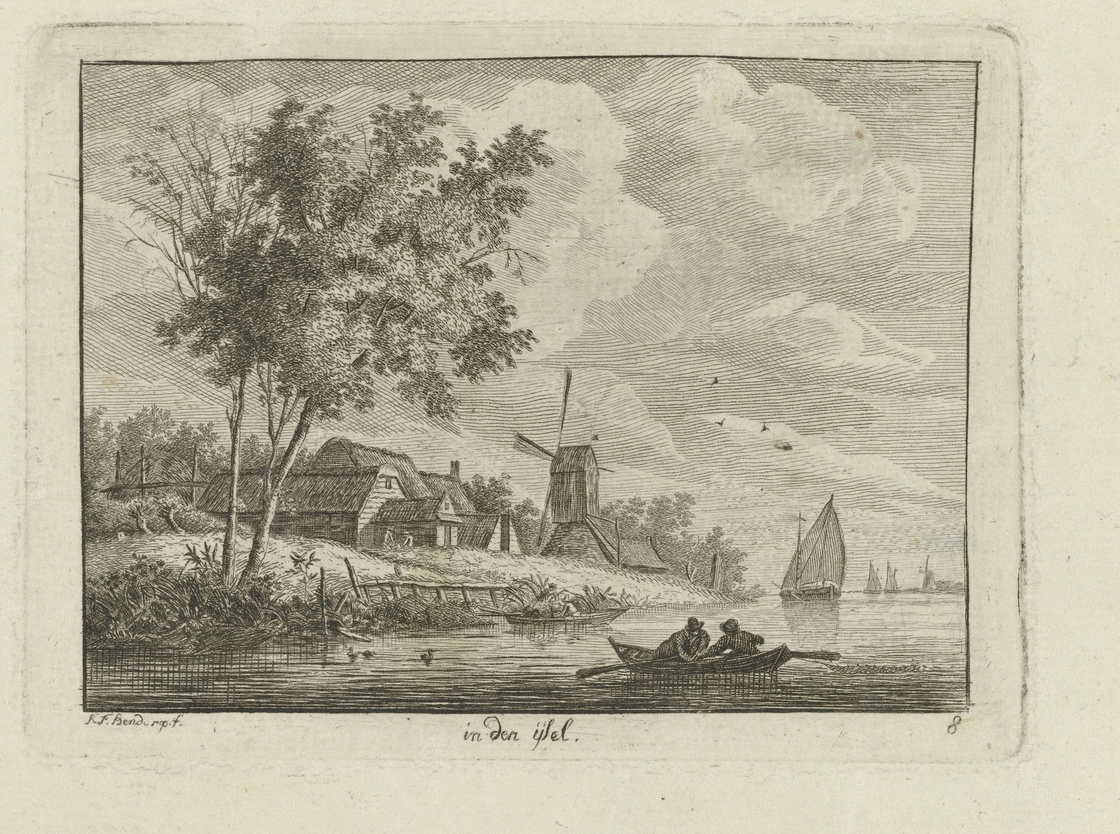 Riviergezicht op de IJssel met molen en boerderij op oever