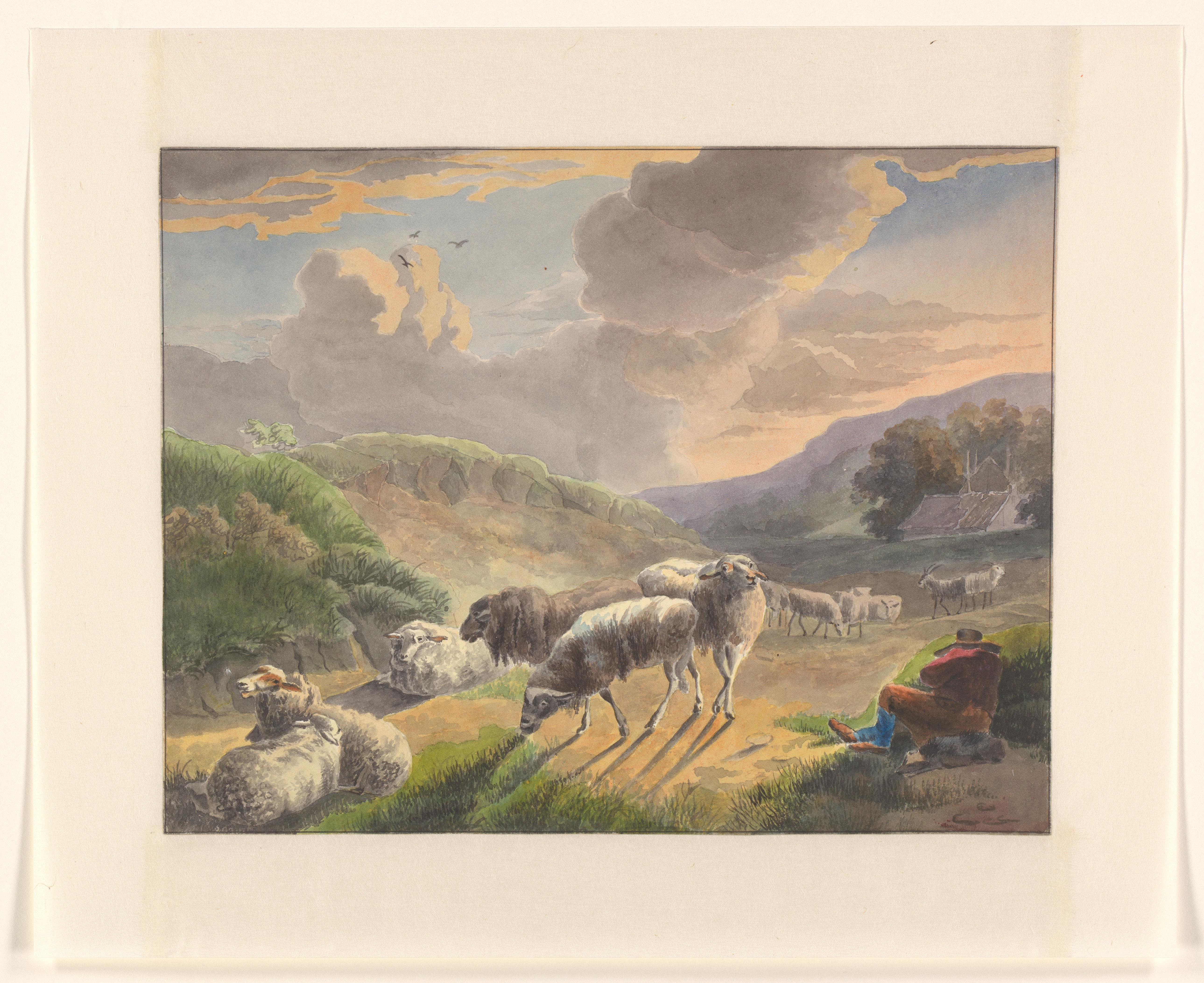Herder en schapen in een landschap bij zonsondergang