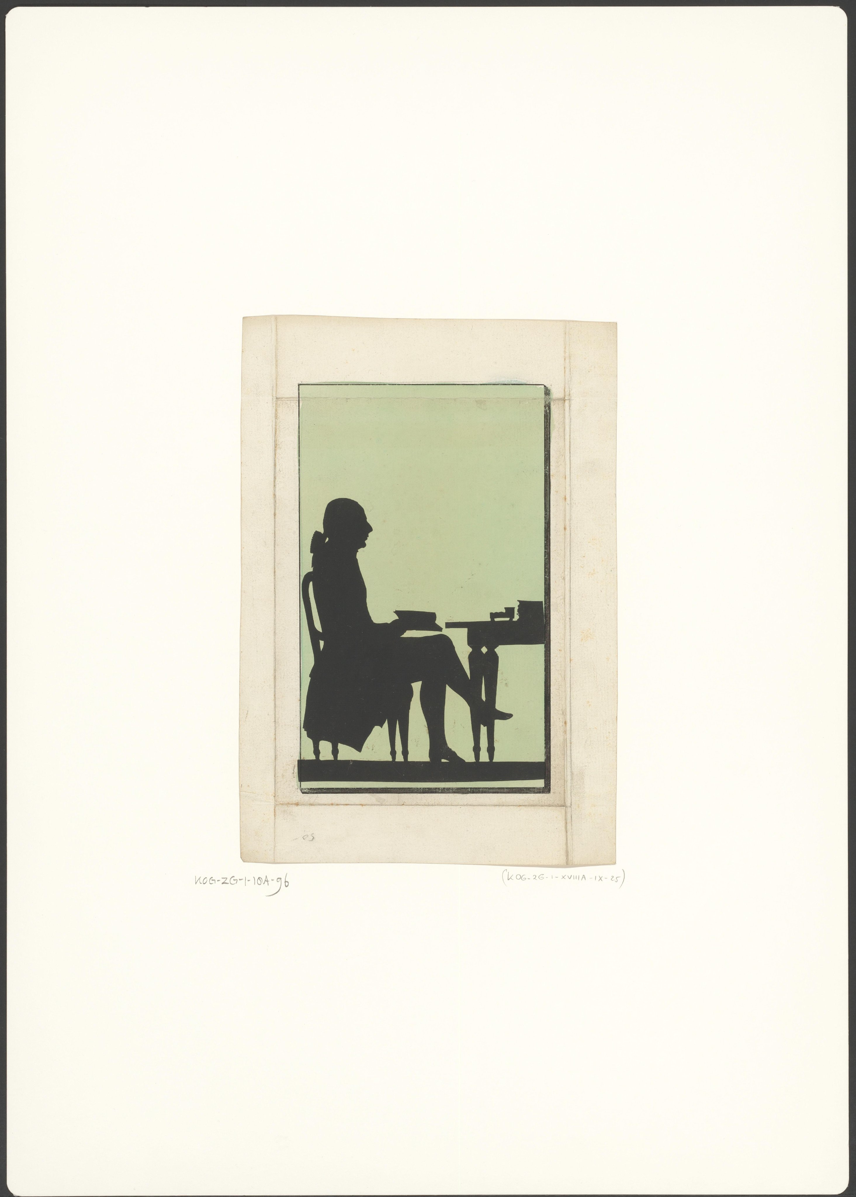 Silhouetportret van een onbekende man, zittend achter een bureau