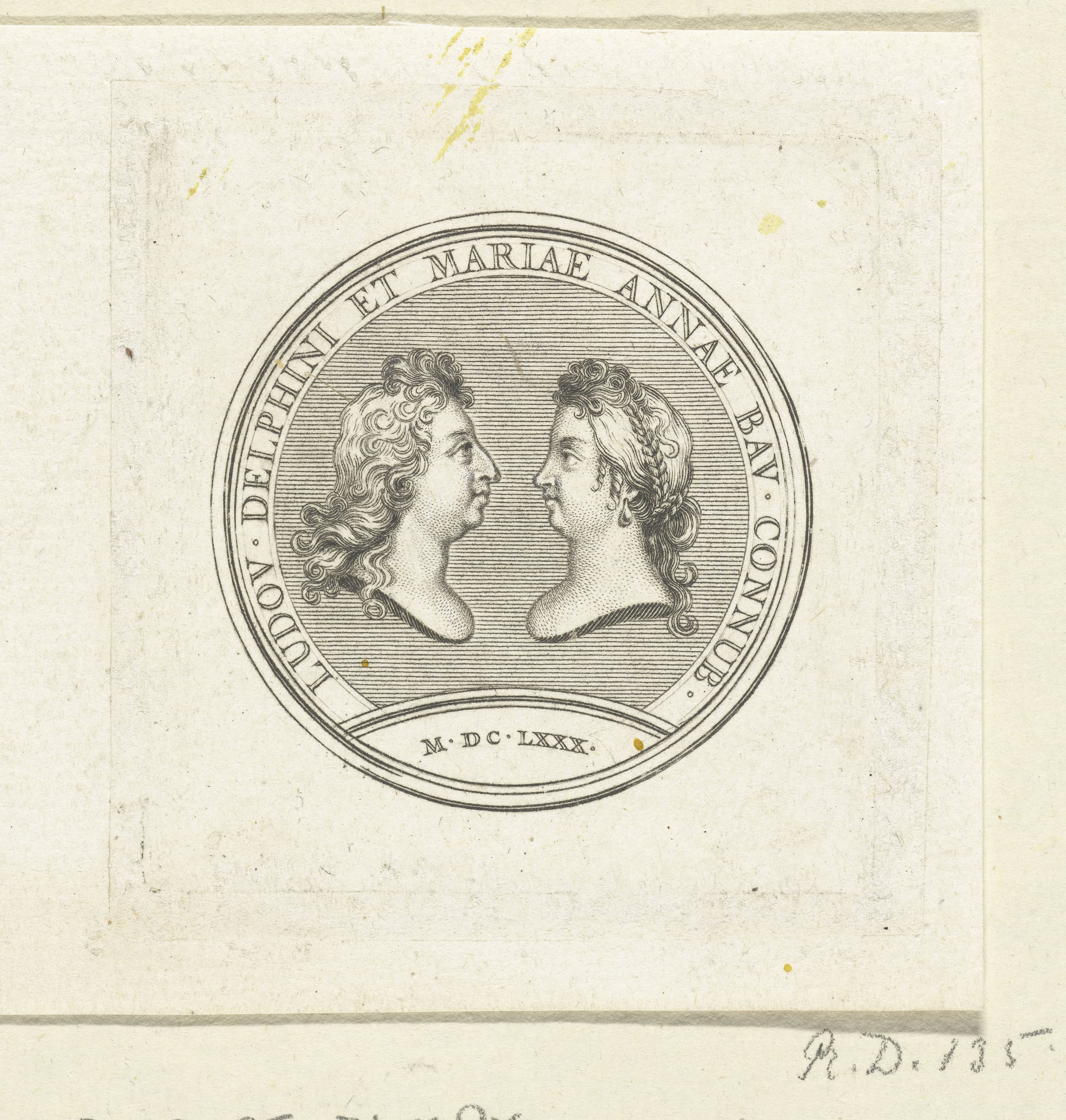 Penning met bustes van Lodewijk van Frankrijk en Maria Anna van Beieren