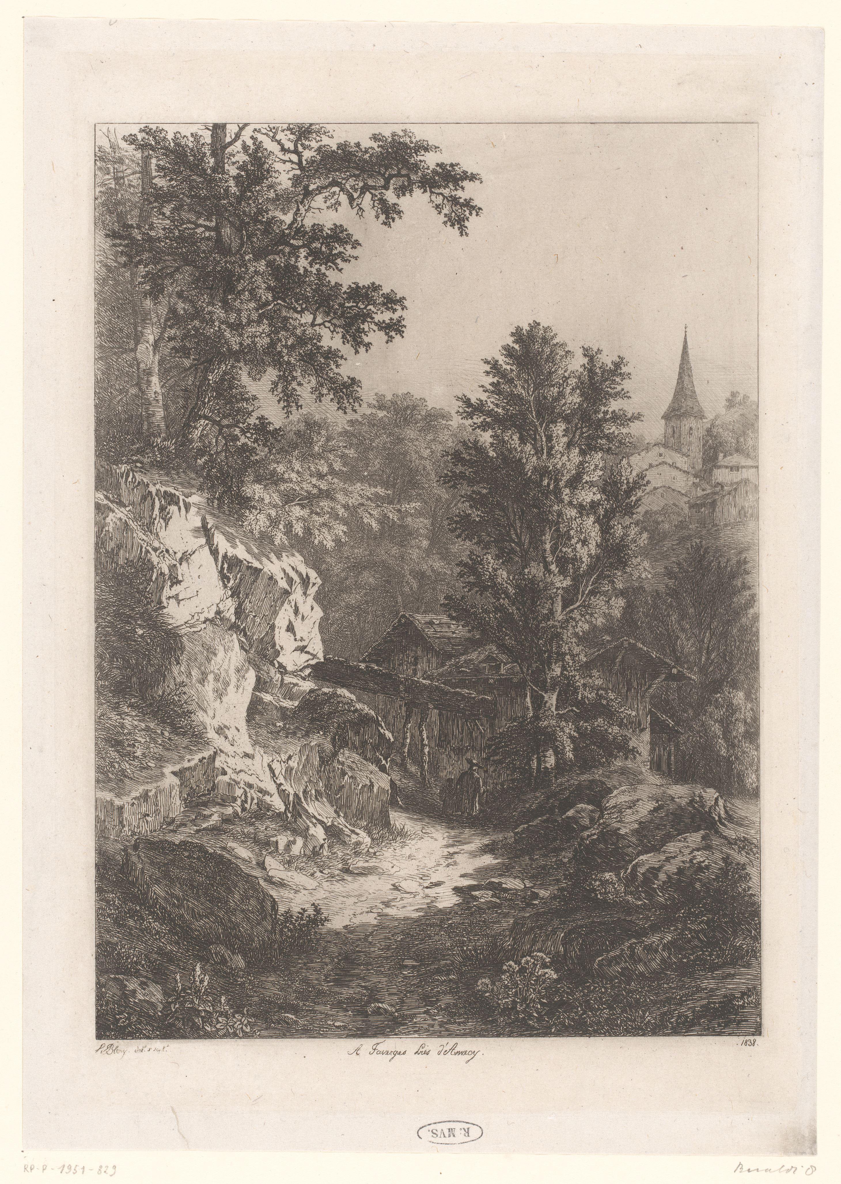 Landschap met rotsen, houten huis en zicht op een kerk