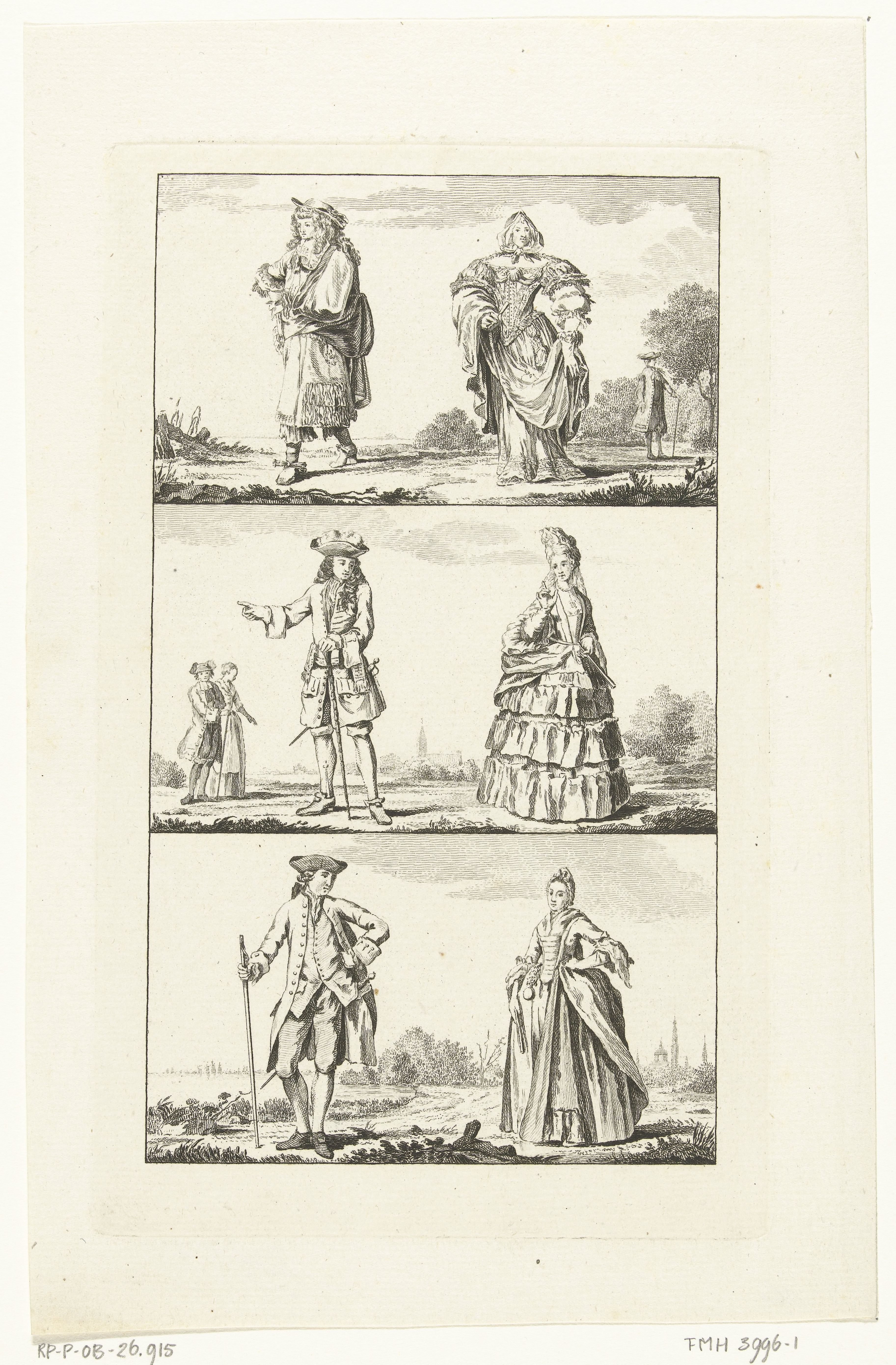 Drie landschappen met mannen en vrouwen in Hollandse klederdrachten, uit verschillende perioden