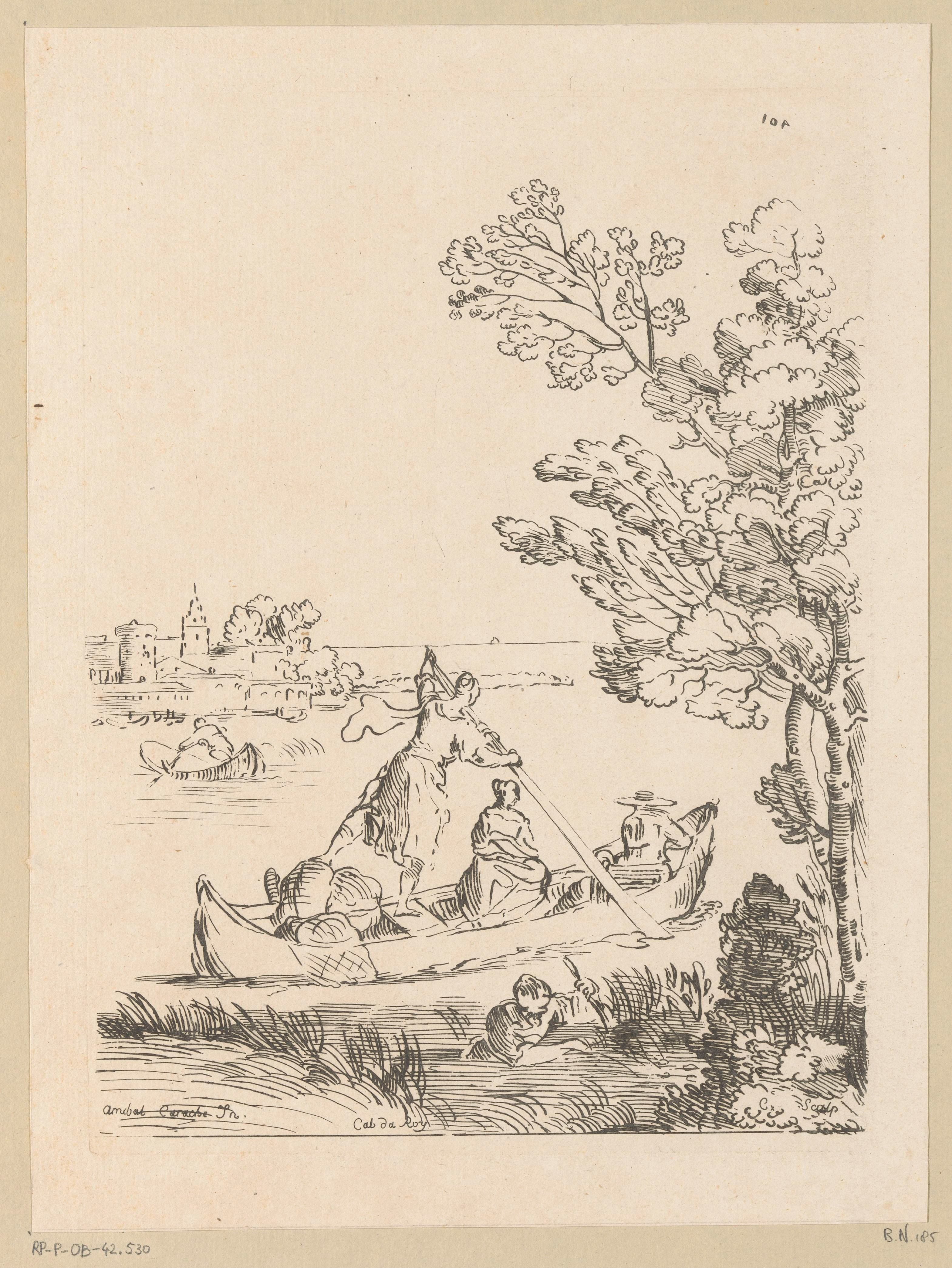 Rivierlandschap met een boot geroeid door een vrouw