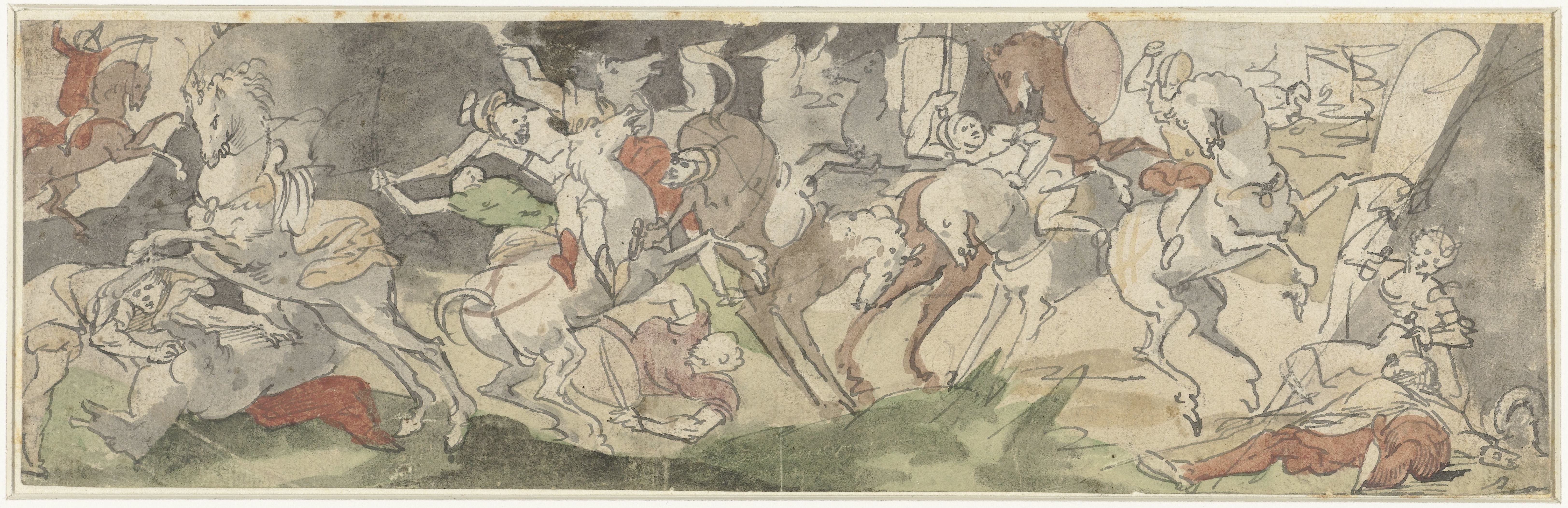 Gevechtscène met ruiters, rechts Jael en Sisera