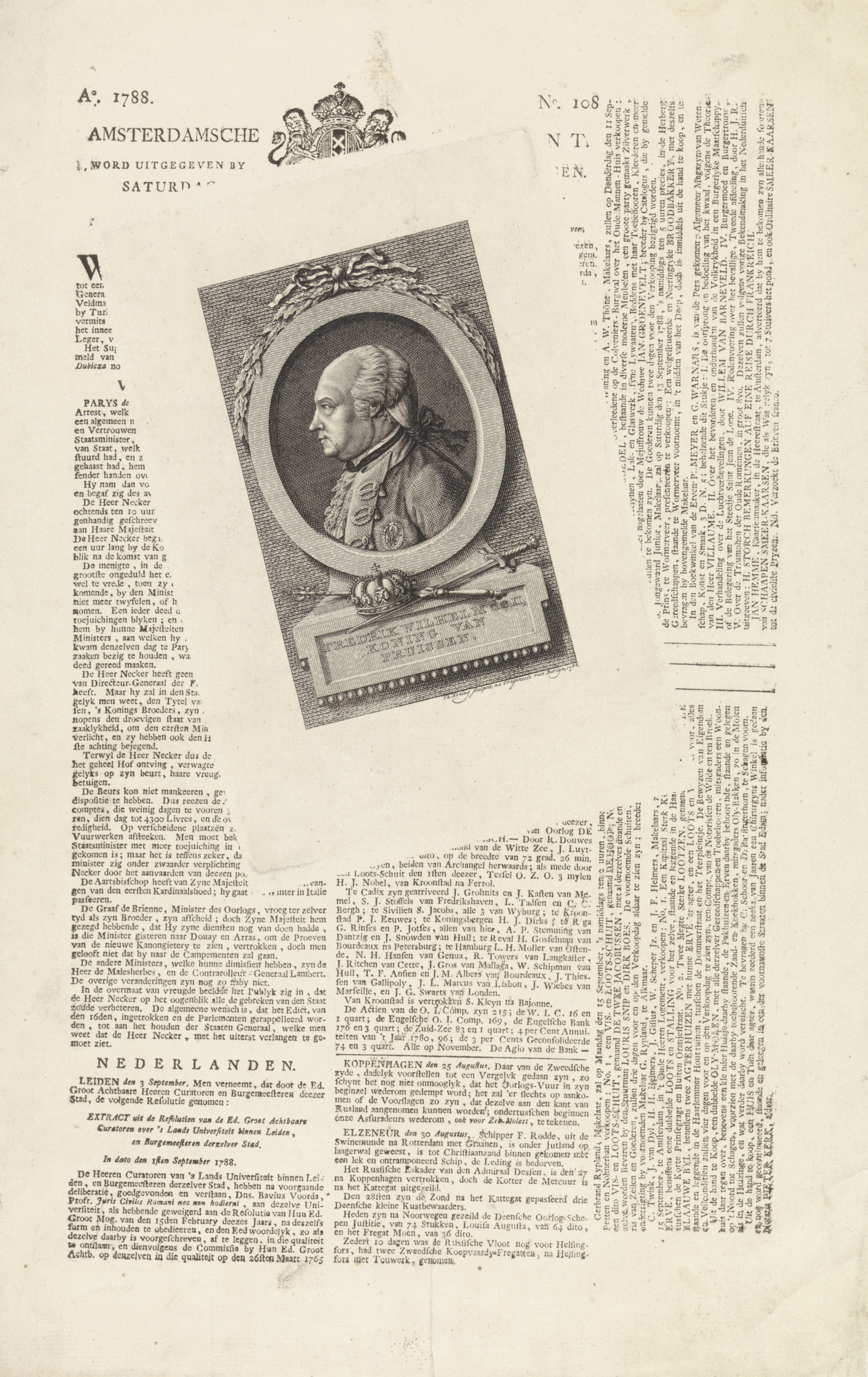 Portret van Frederik Willem II, koning van Pruisen op een krant gedrukt