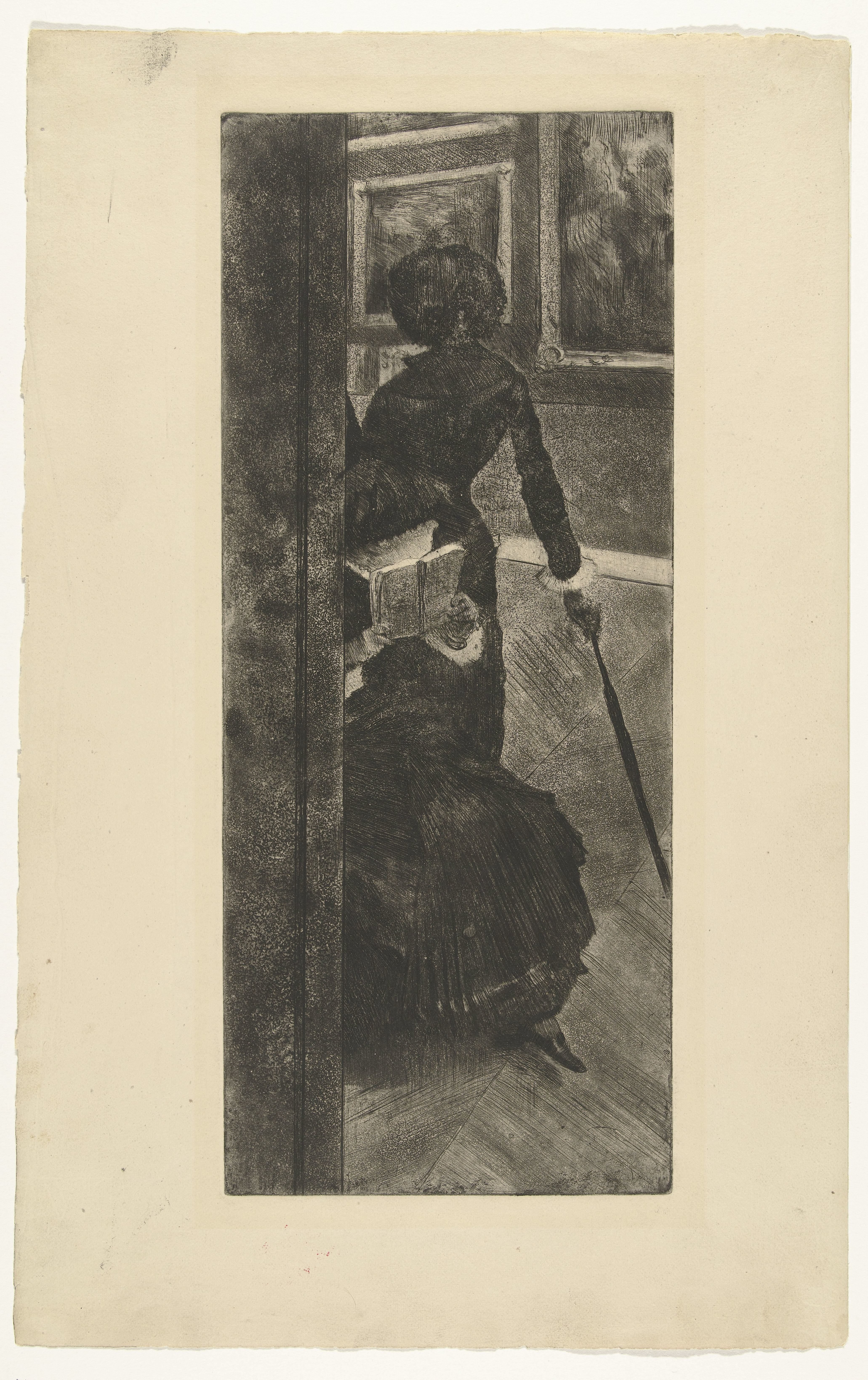 Mary Cassatt kijkt naar schilderijen in het Louvre