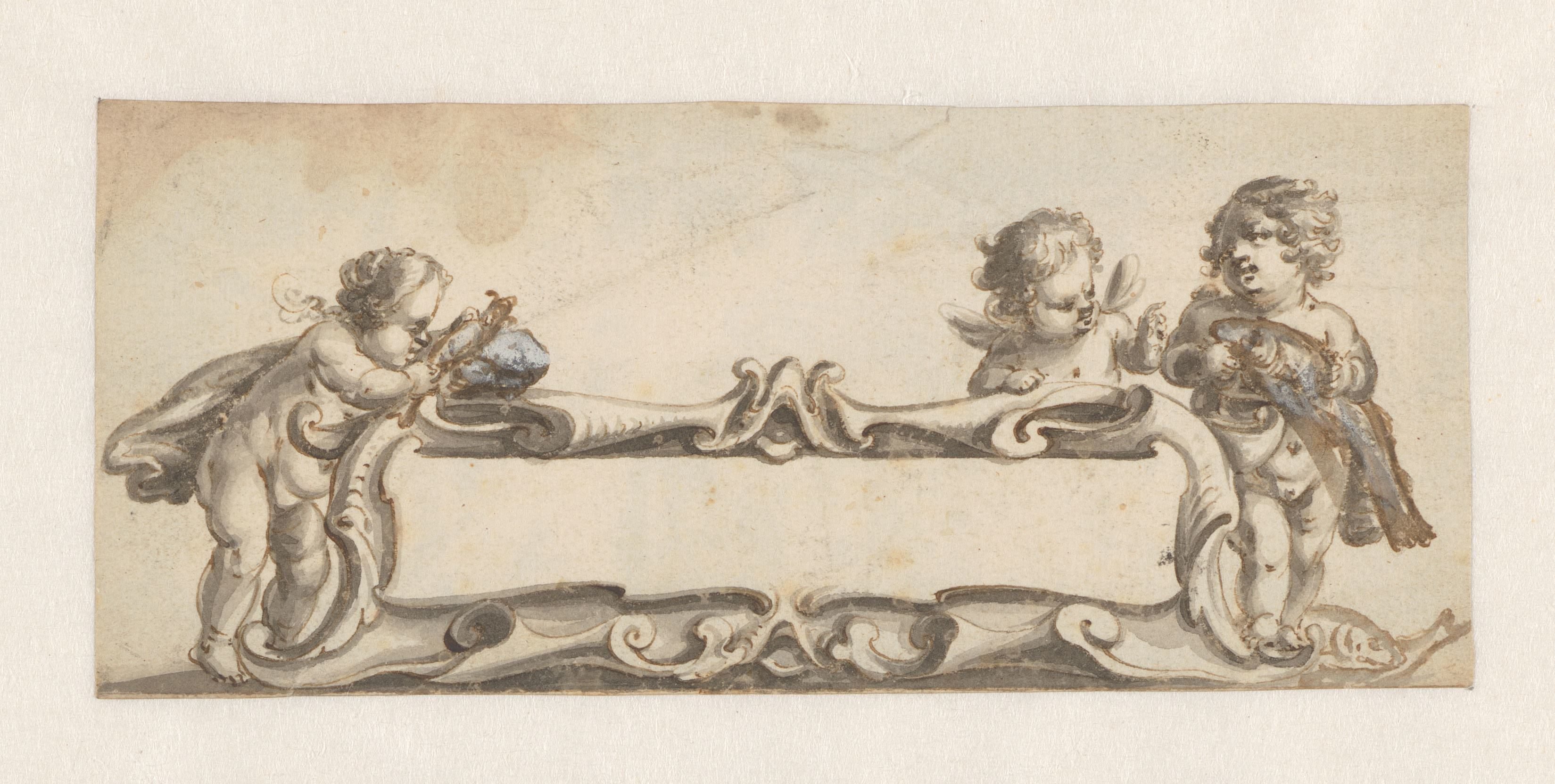 Langwerpige cartouche met drie putti