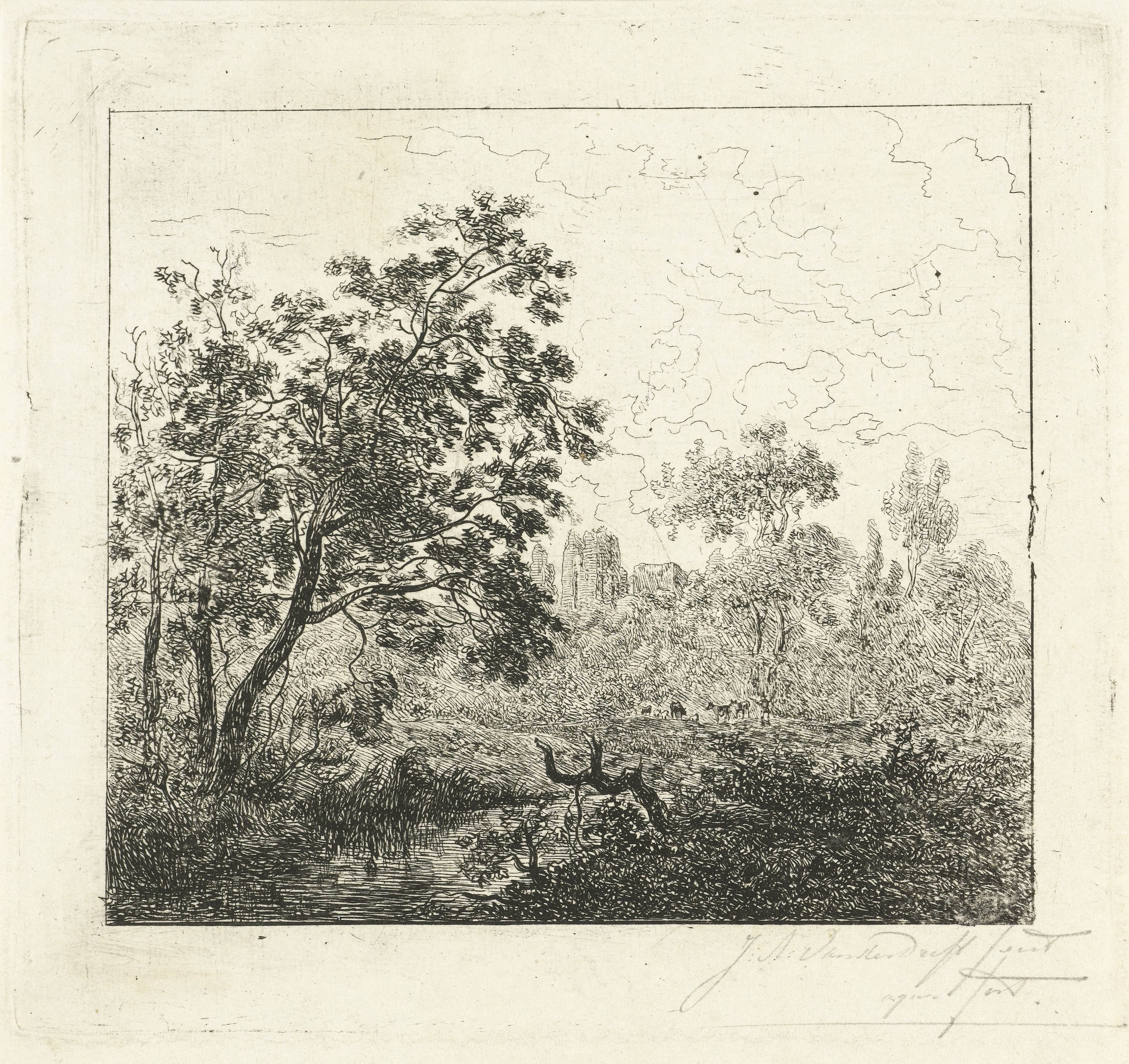 Landschap met een rivier en een boomstronk