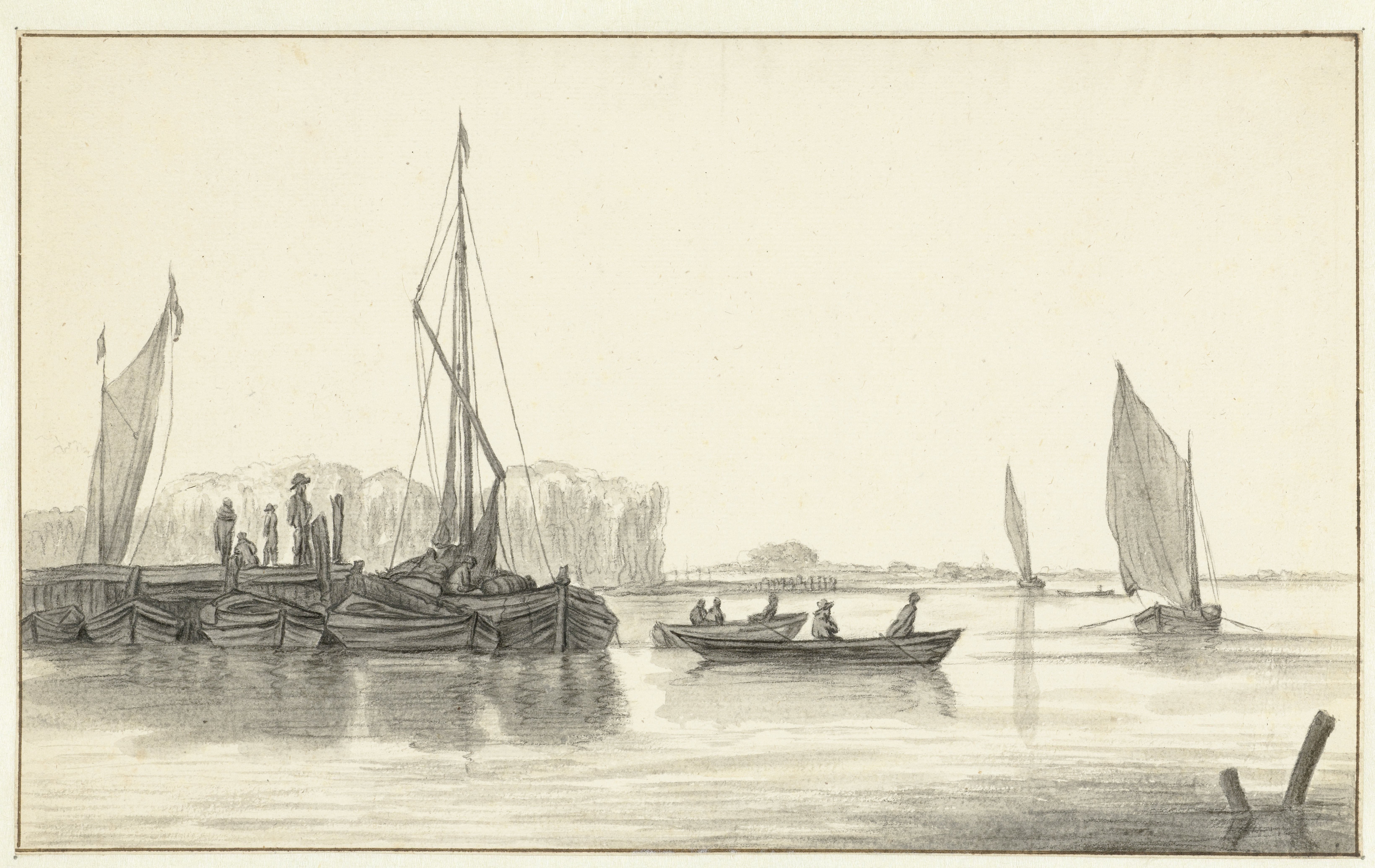 Rivierlandschap met een aanlegsteiger met boten