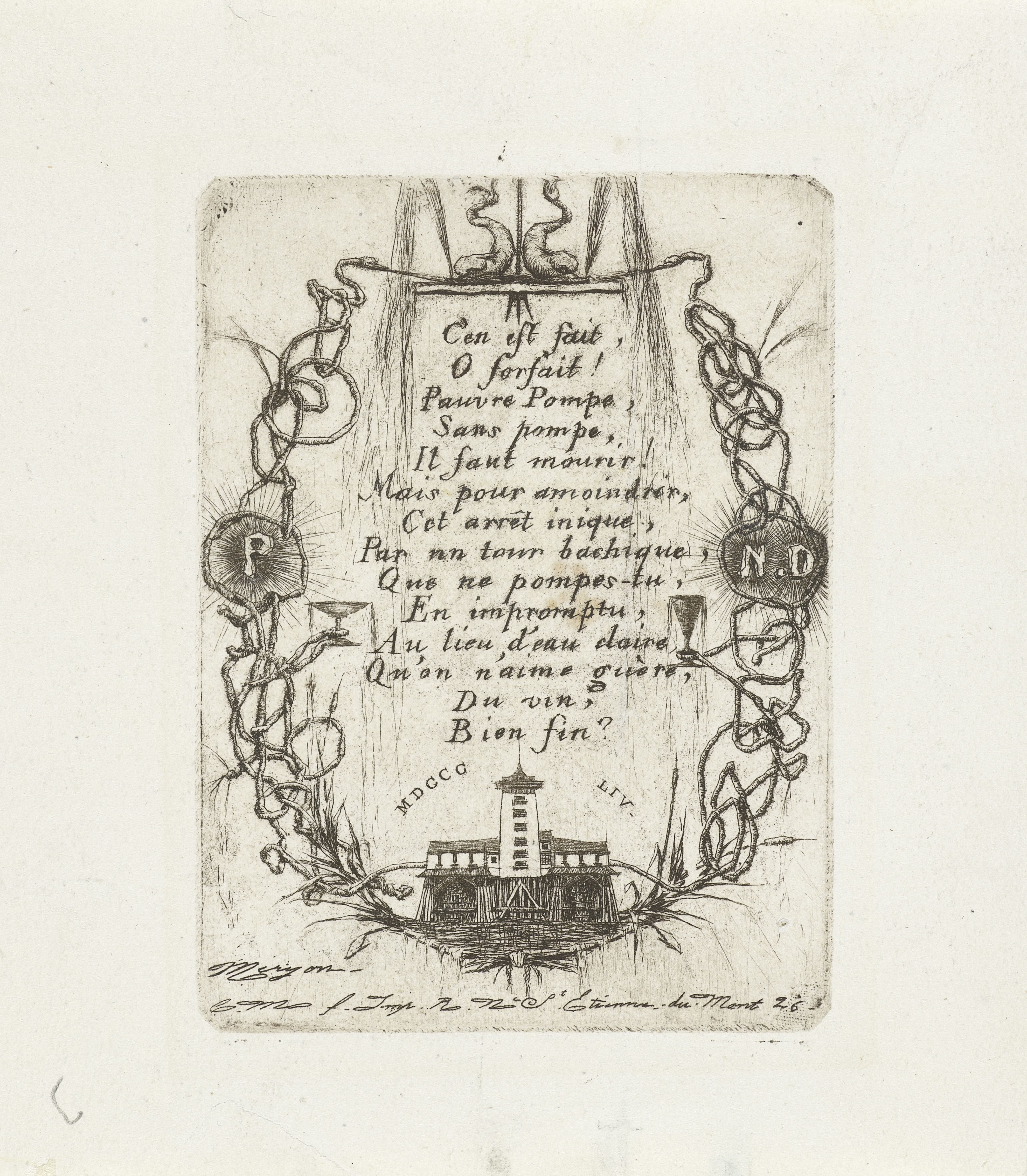Gedicht met kleine versie van pompgebouw Notre-Dame en waterslangen