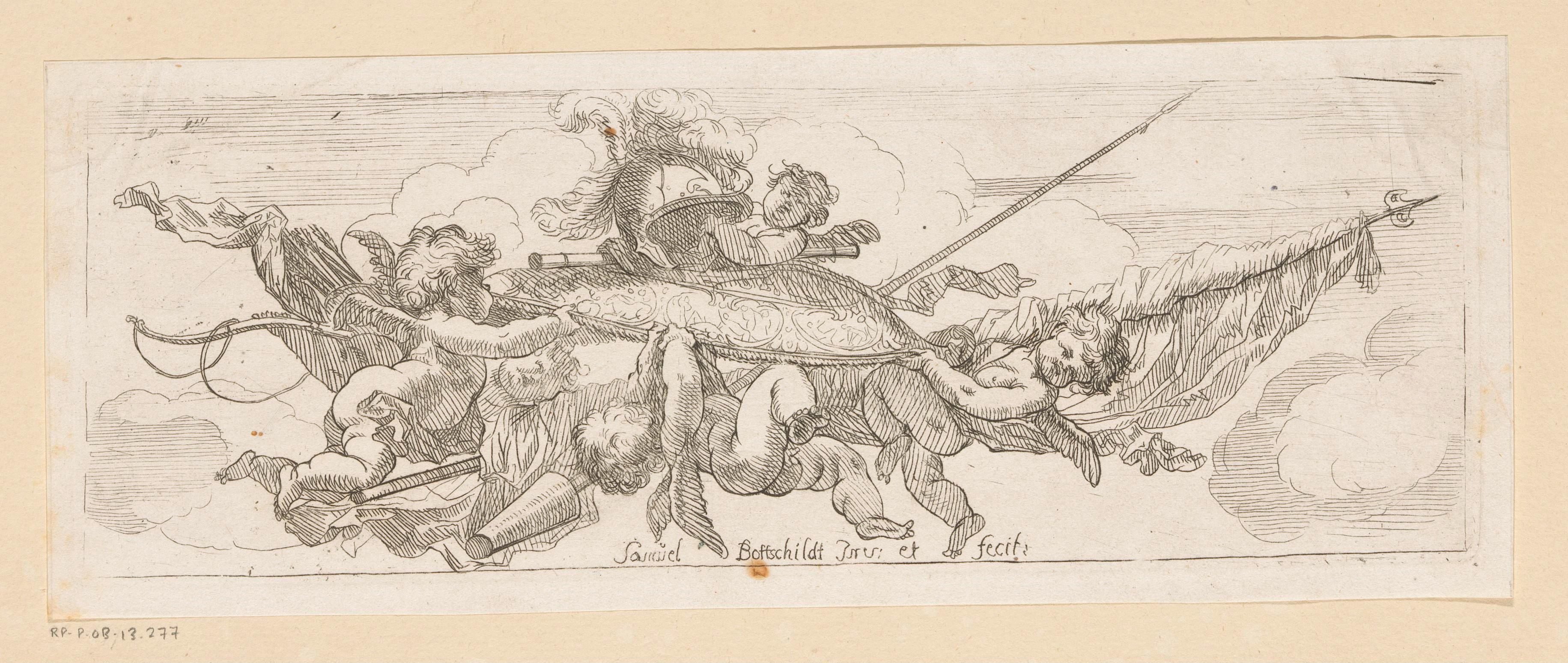 Putti met schild, helm en wapens