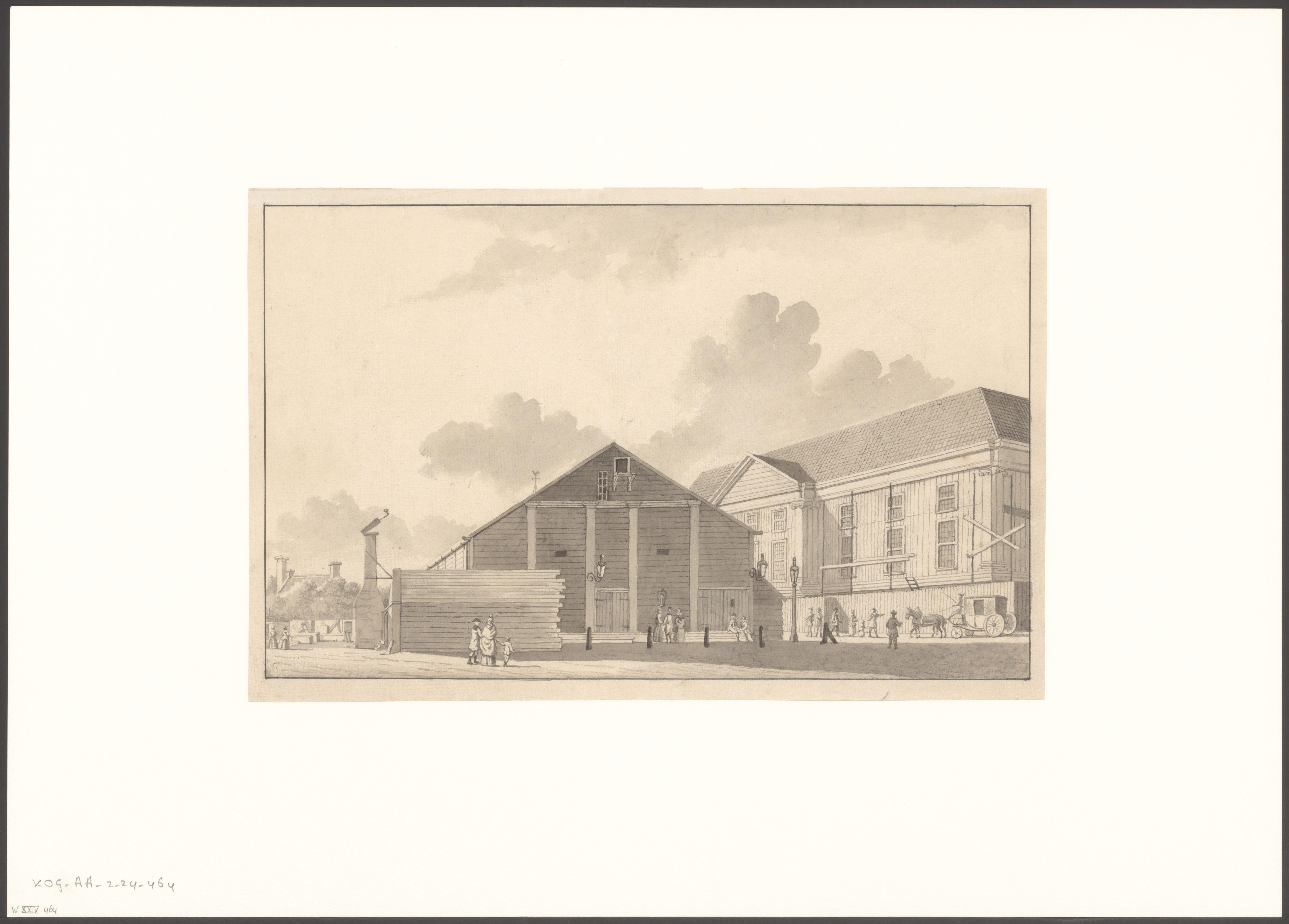 Gezicht op de bouw van de eerste Stadsschouwburg op het Leidseplein