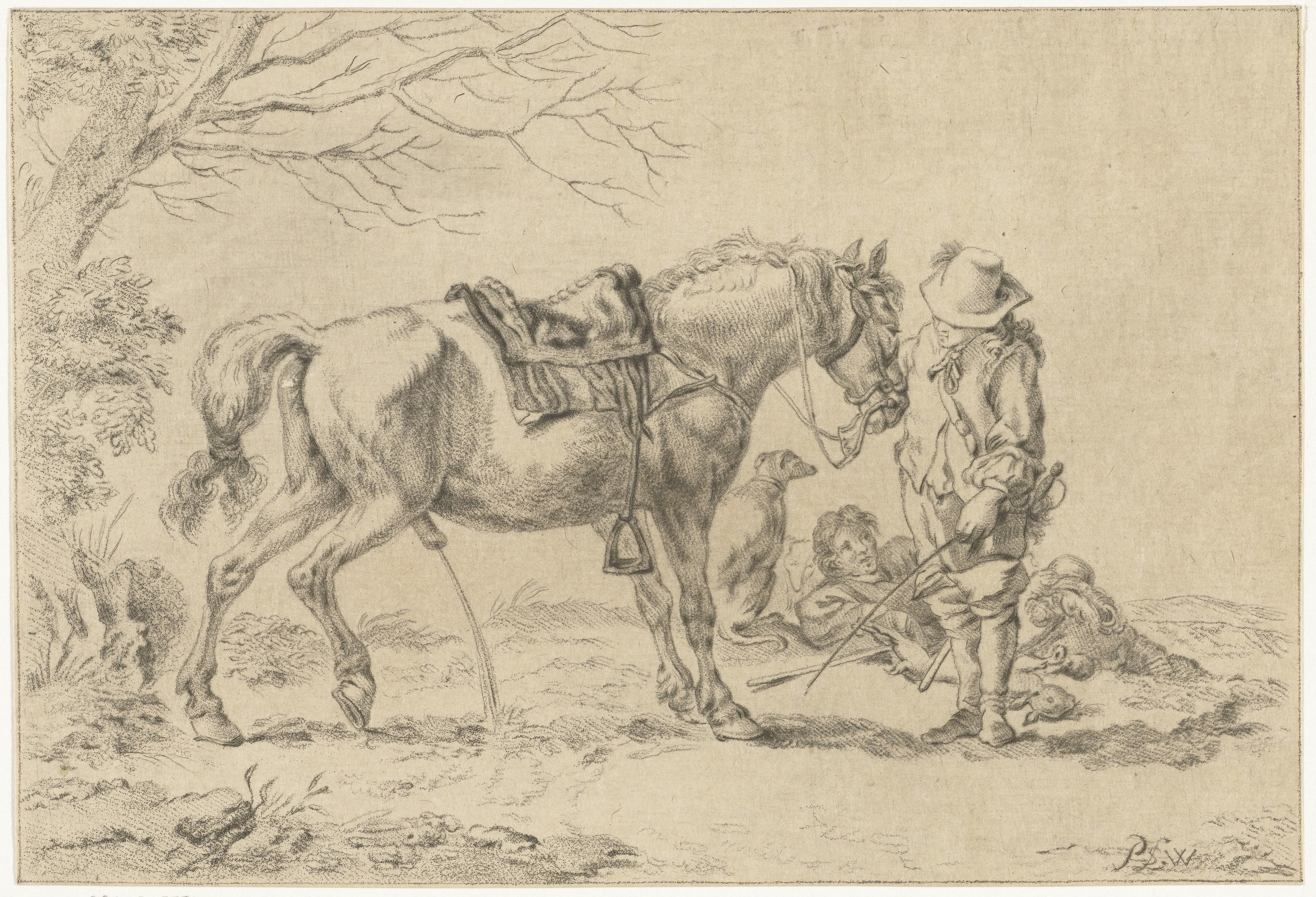 Ruiter naast pissend paard