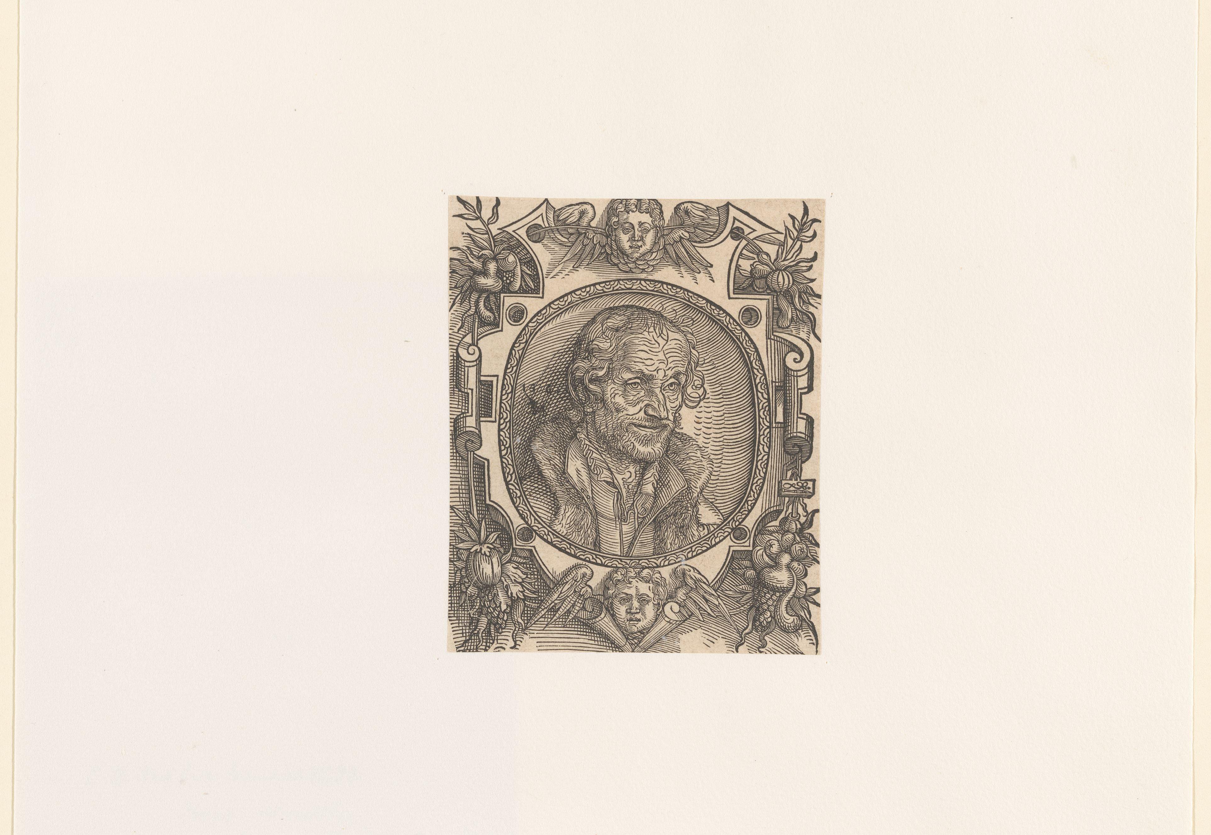 Portret van Philipp Melanchthon in een ornamentale omlijsting