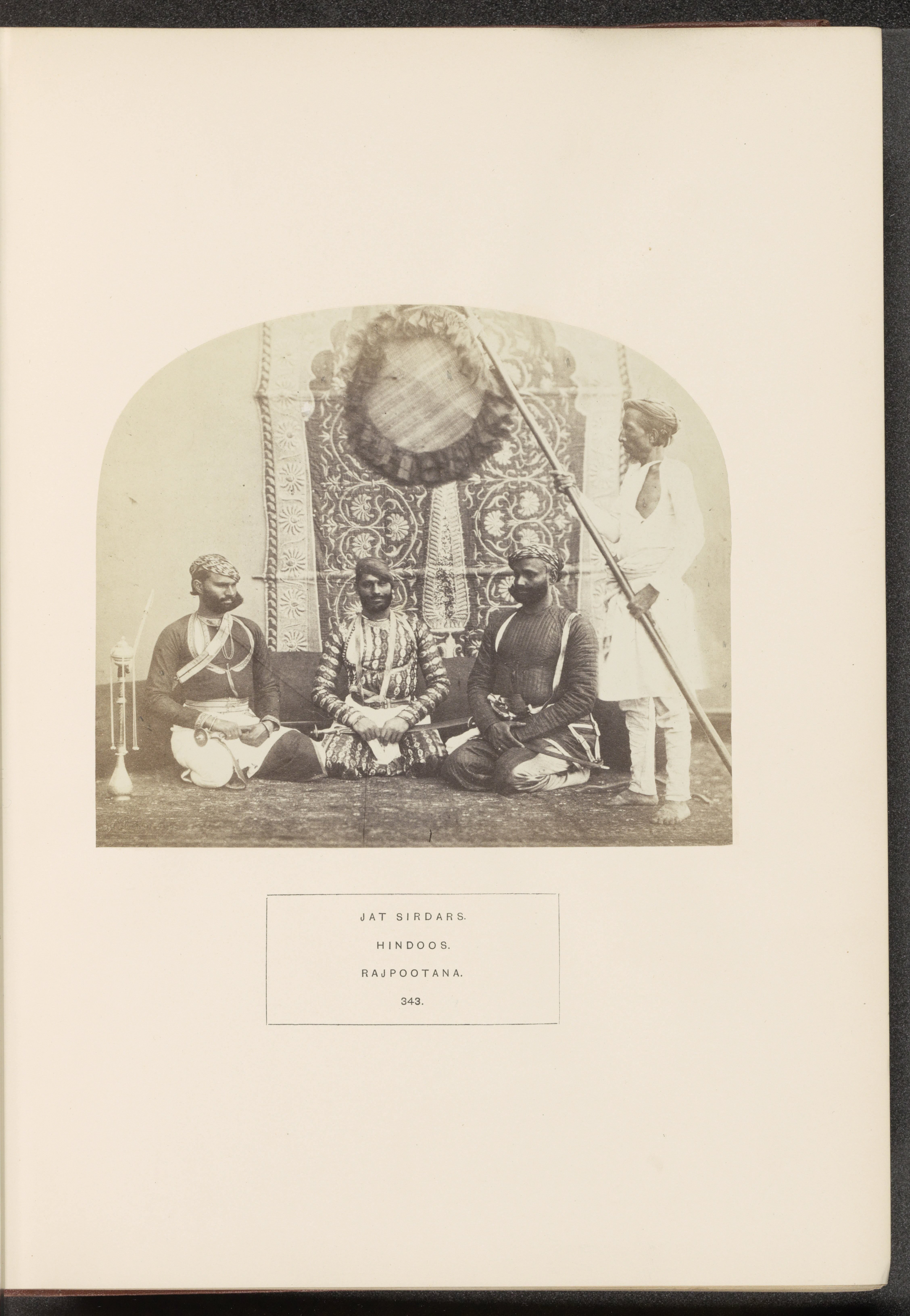 Portrait of three noblemen or aristocrats from the Jat community with a servant, Rajasthan, India
