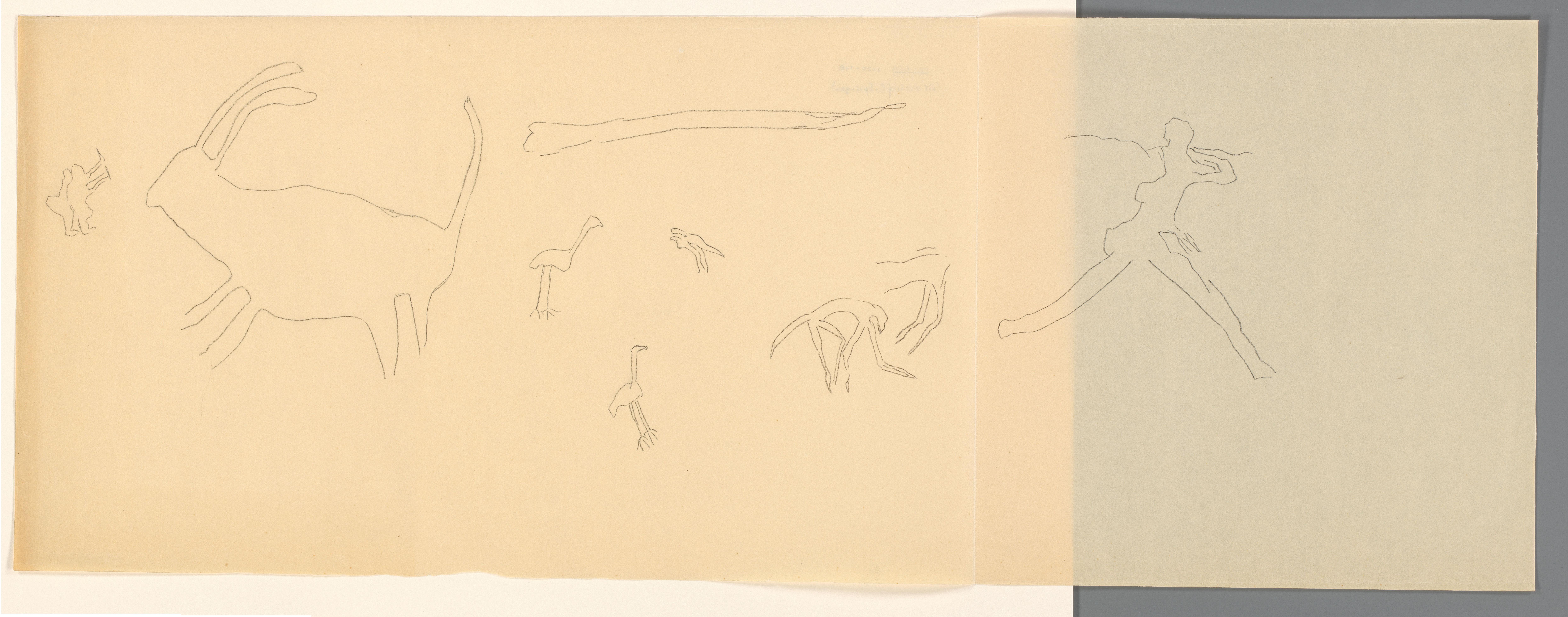 Studieblad met een dier, vogels en een figuur