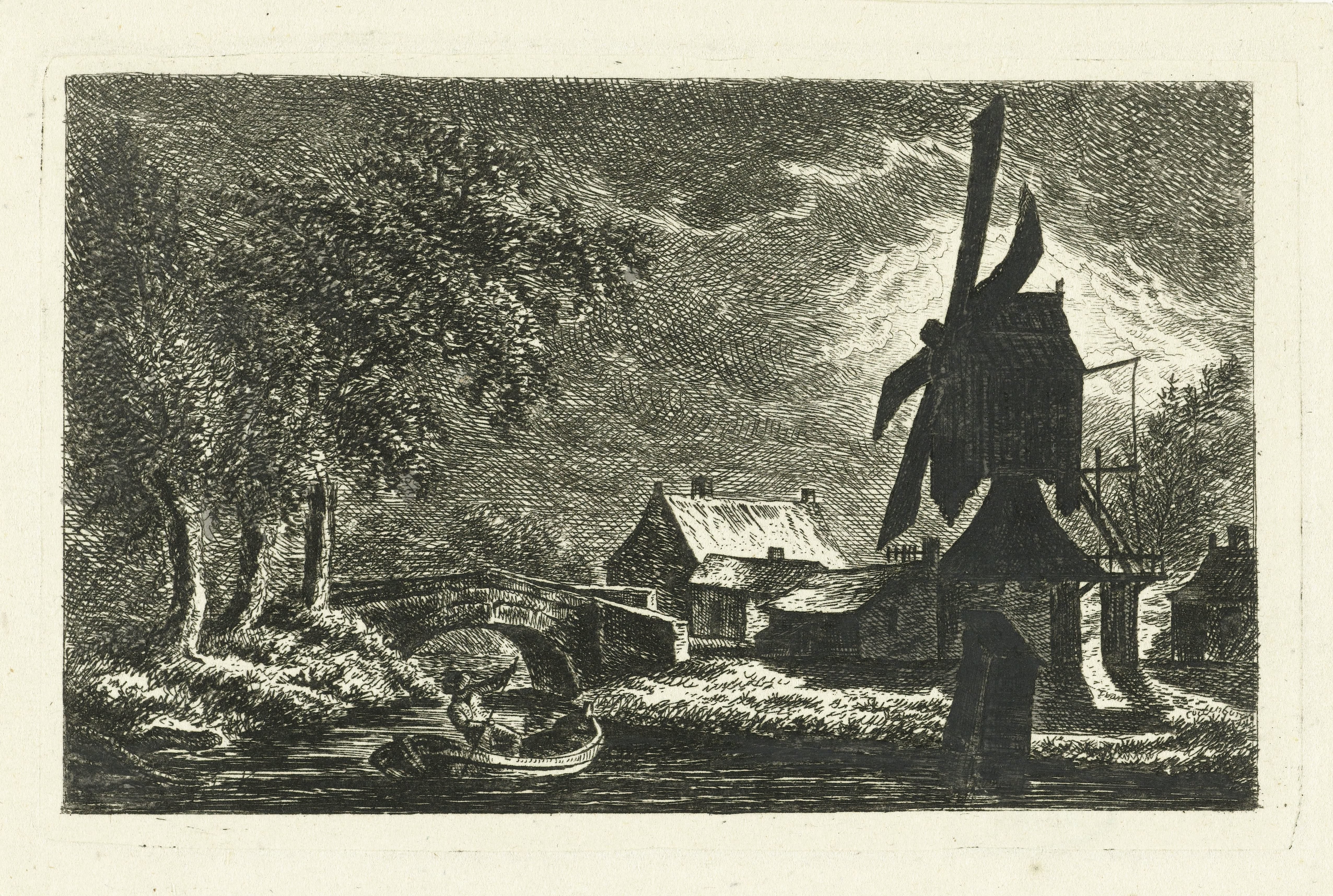 Landschap met molen bij maanlicht