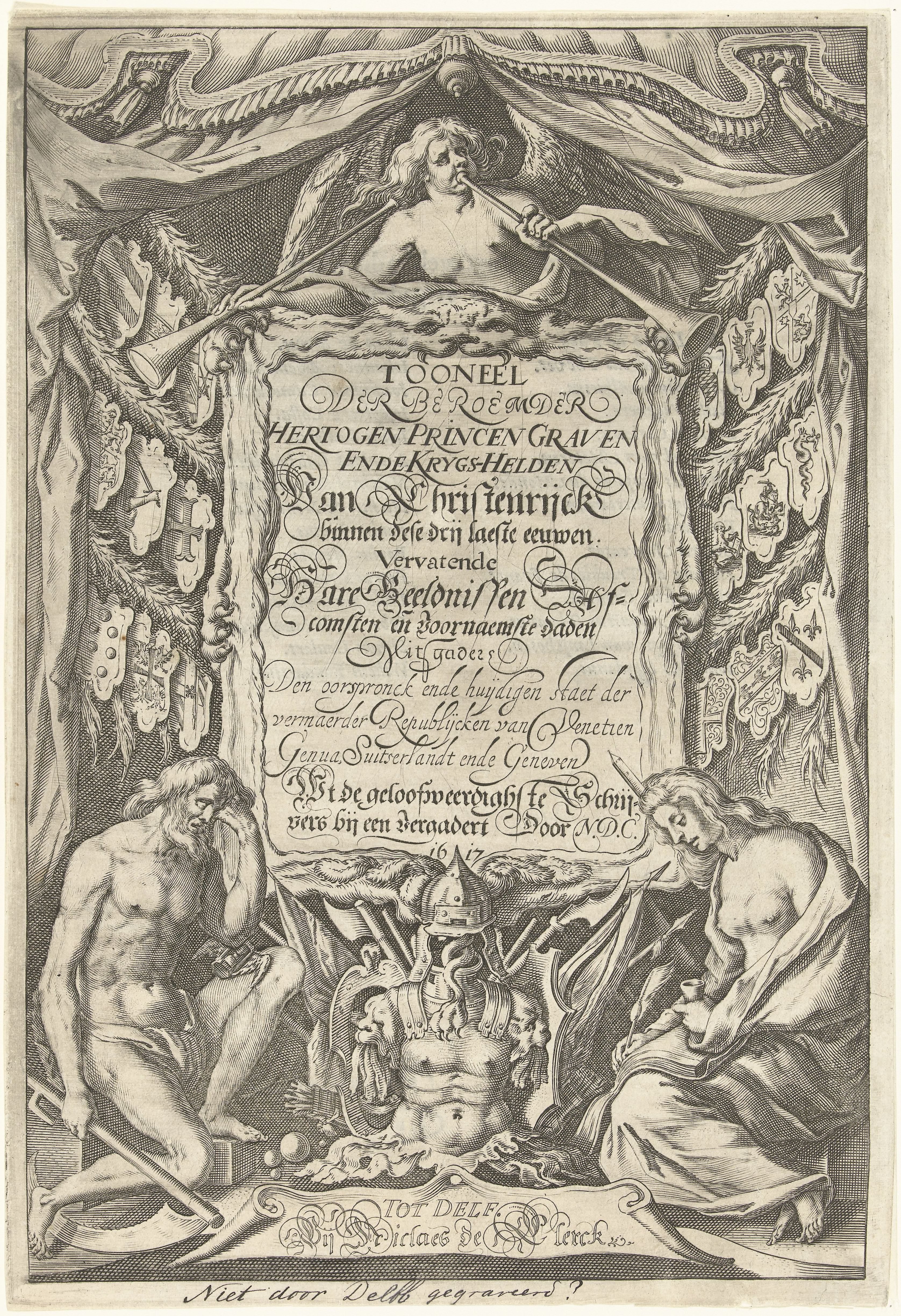 Cartouche met titel en allegorische figuren Vader Tijd en Geschiedenis