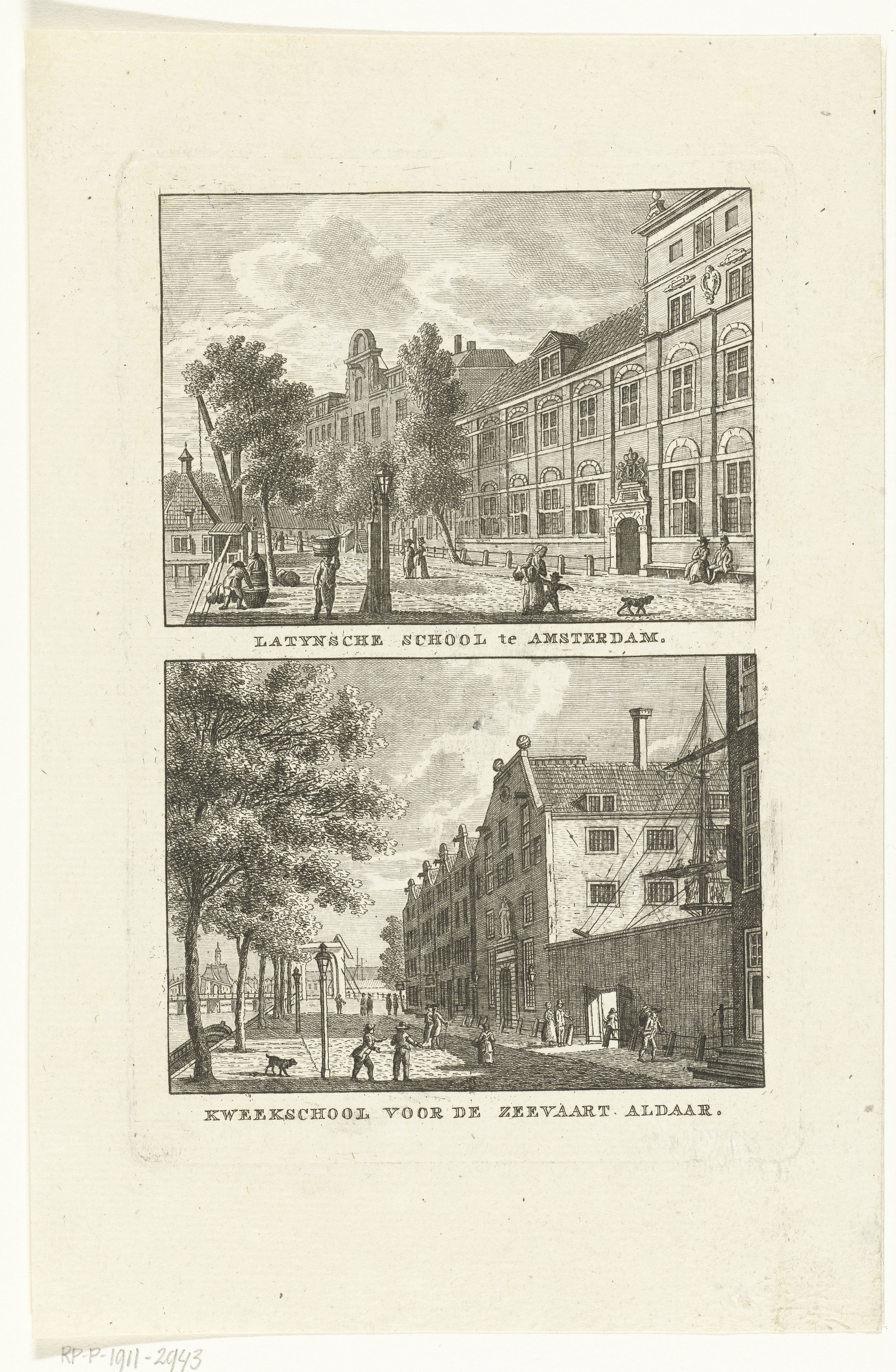 Gezicht op de Latijnse School en de Kweekschool voor de Zeevaart te Amsterdam
