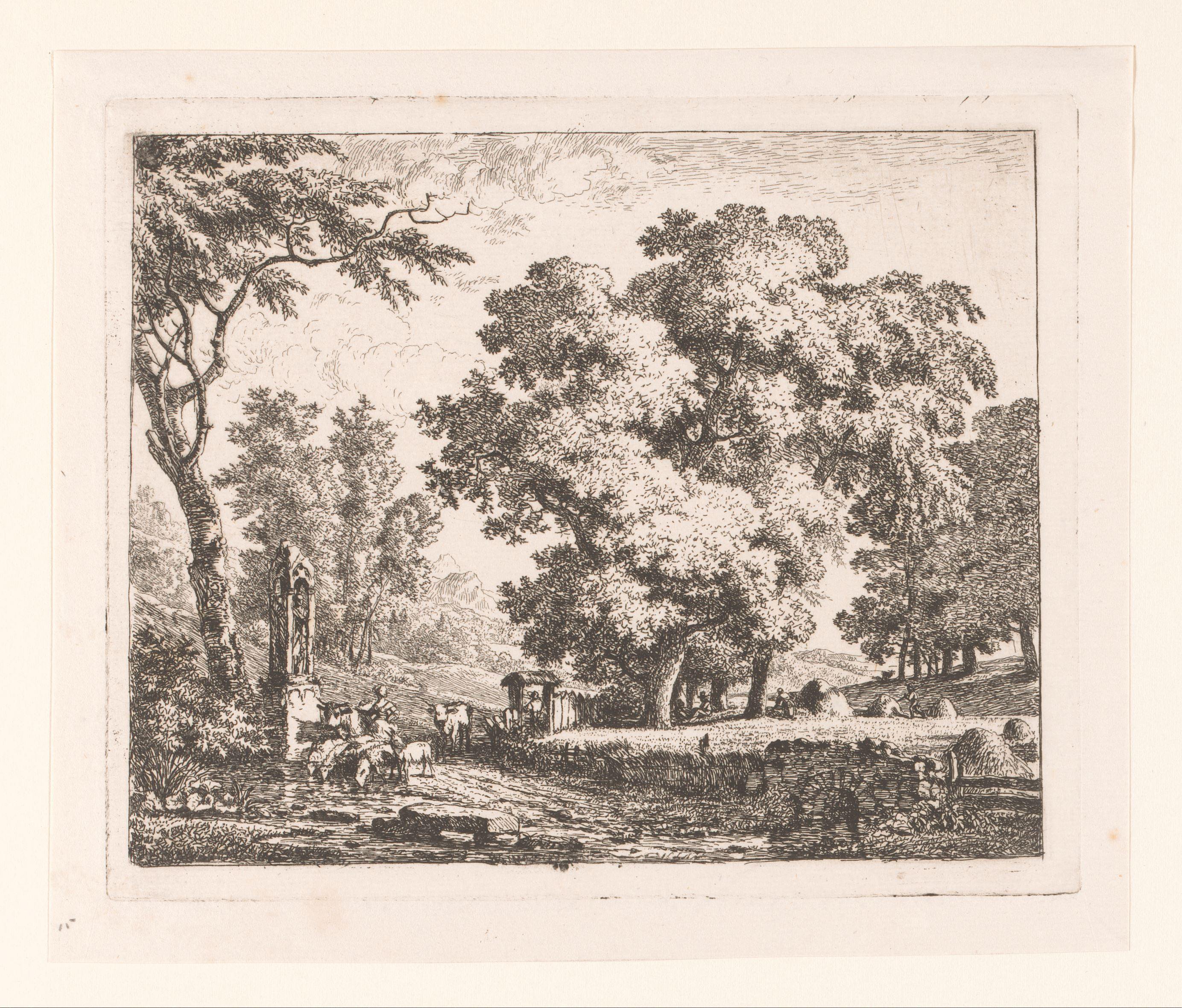 Landschap met vee dat water drinkt bij een kapel