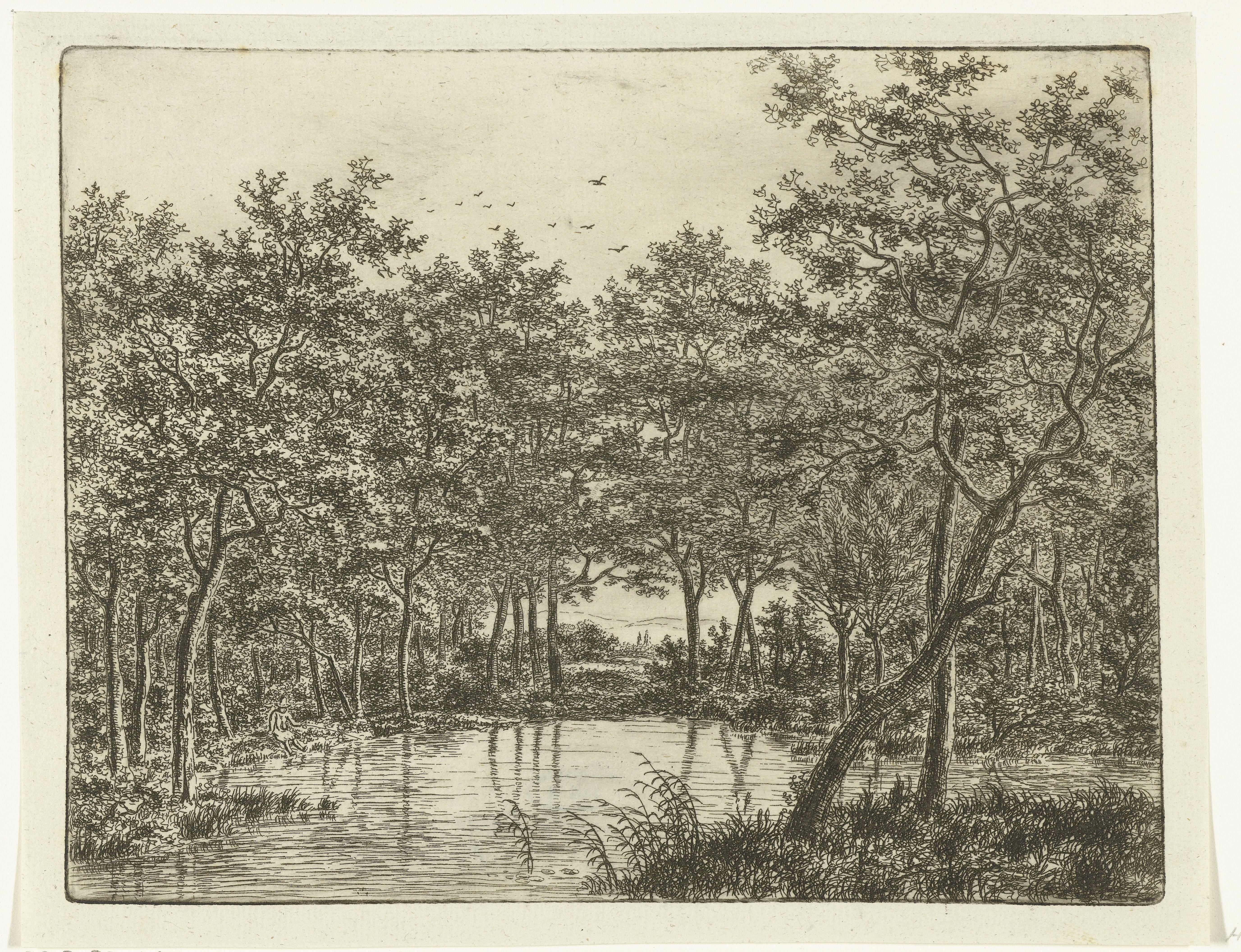 Landschap met vijver, links zit een visser met een puntige hoed