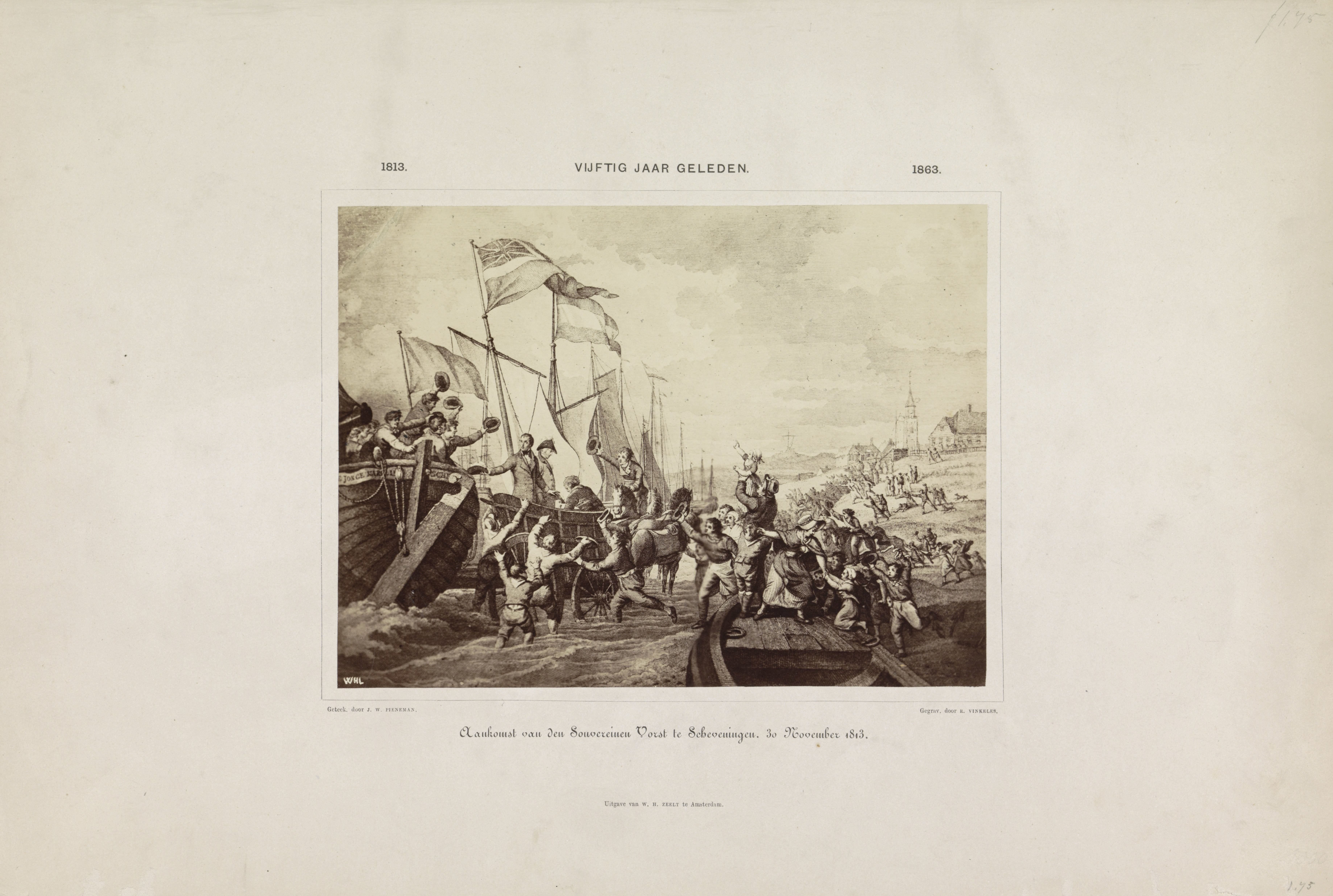 Prent van de aankomst van koning Willem I te Scheveningen, 1813