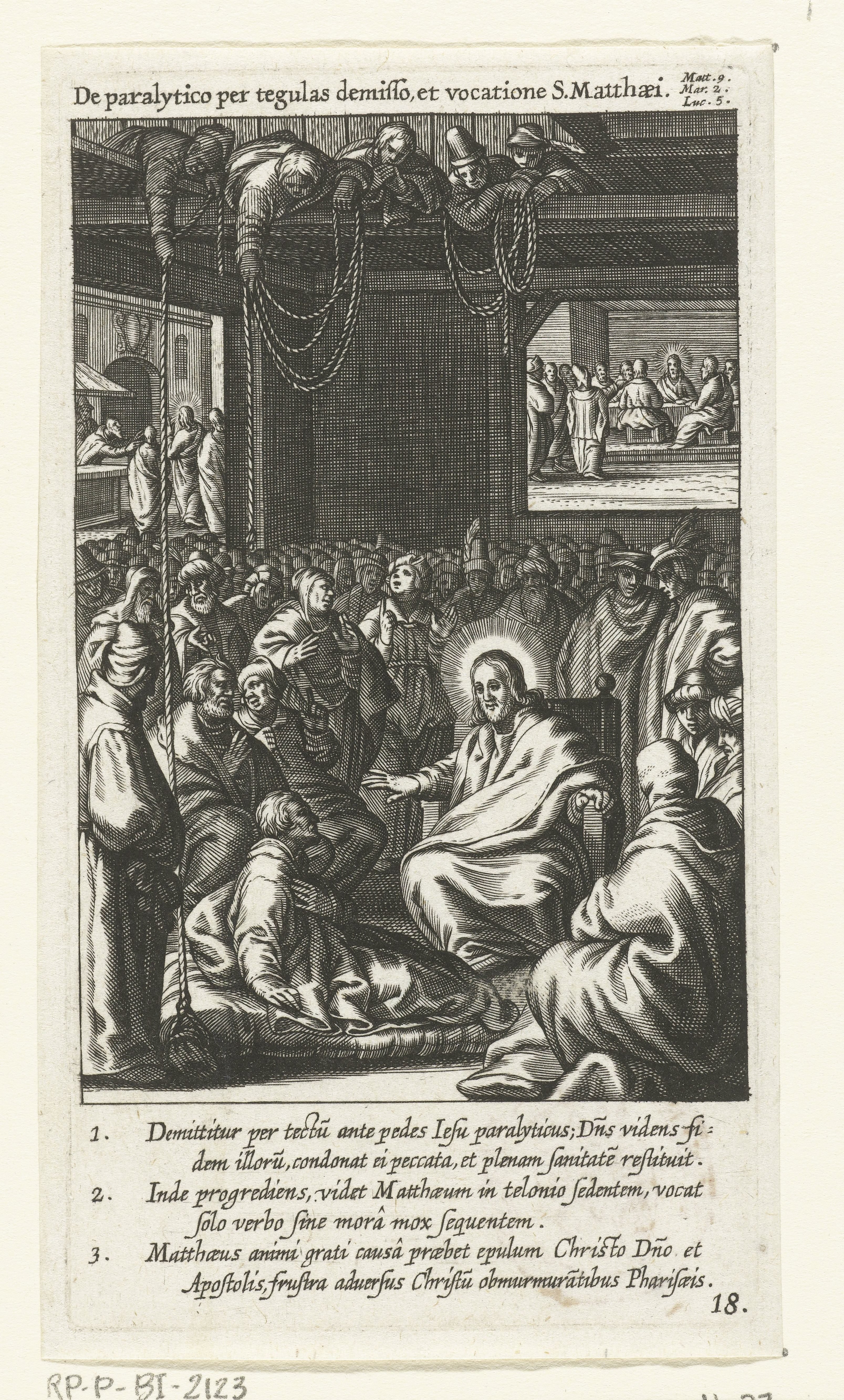 Christus geneest de verlamde man die op zijn bed door het dak naar beneden is gelaten