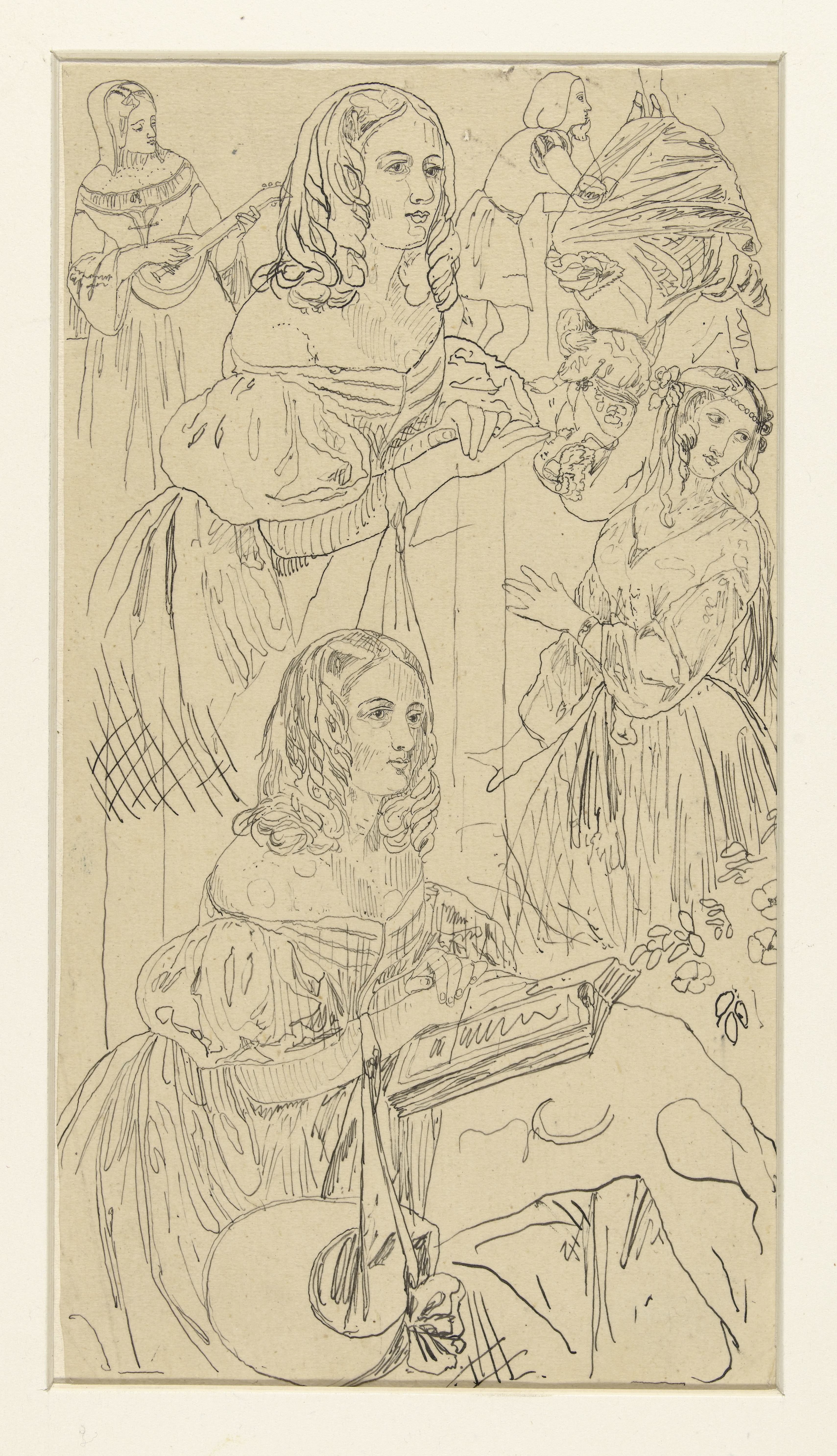 Studieblad met vrouwenfiguur in 19e eeuws costuum, en andere figuren
