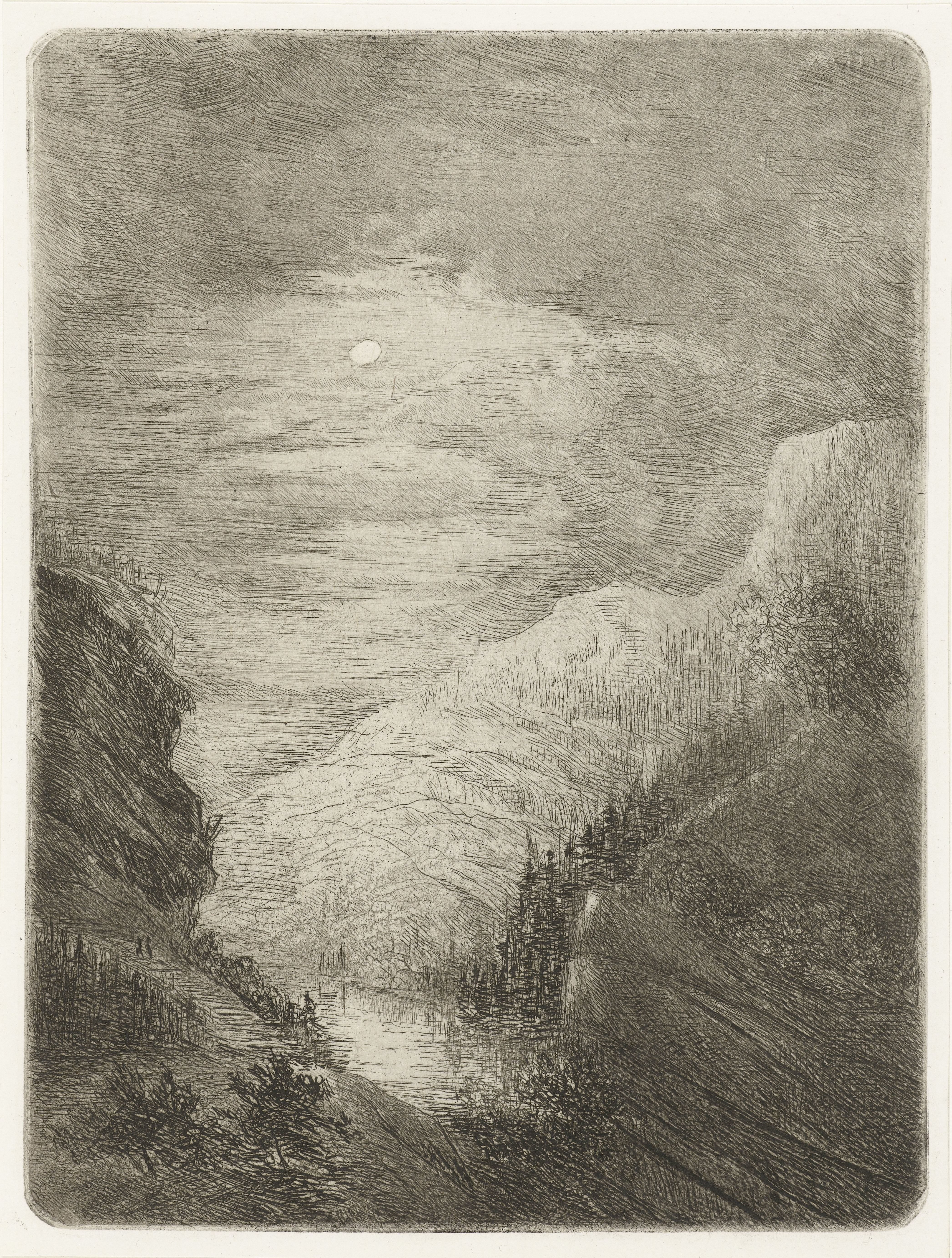 Berglandschap met rivier in maanlicht