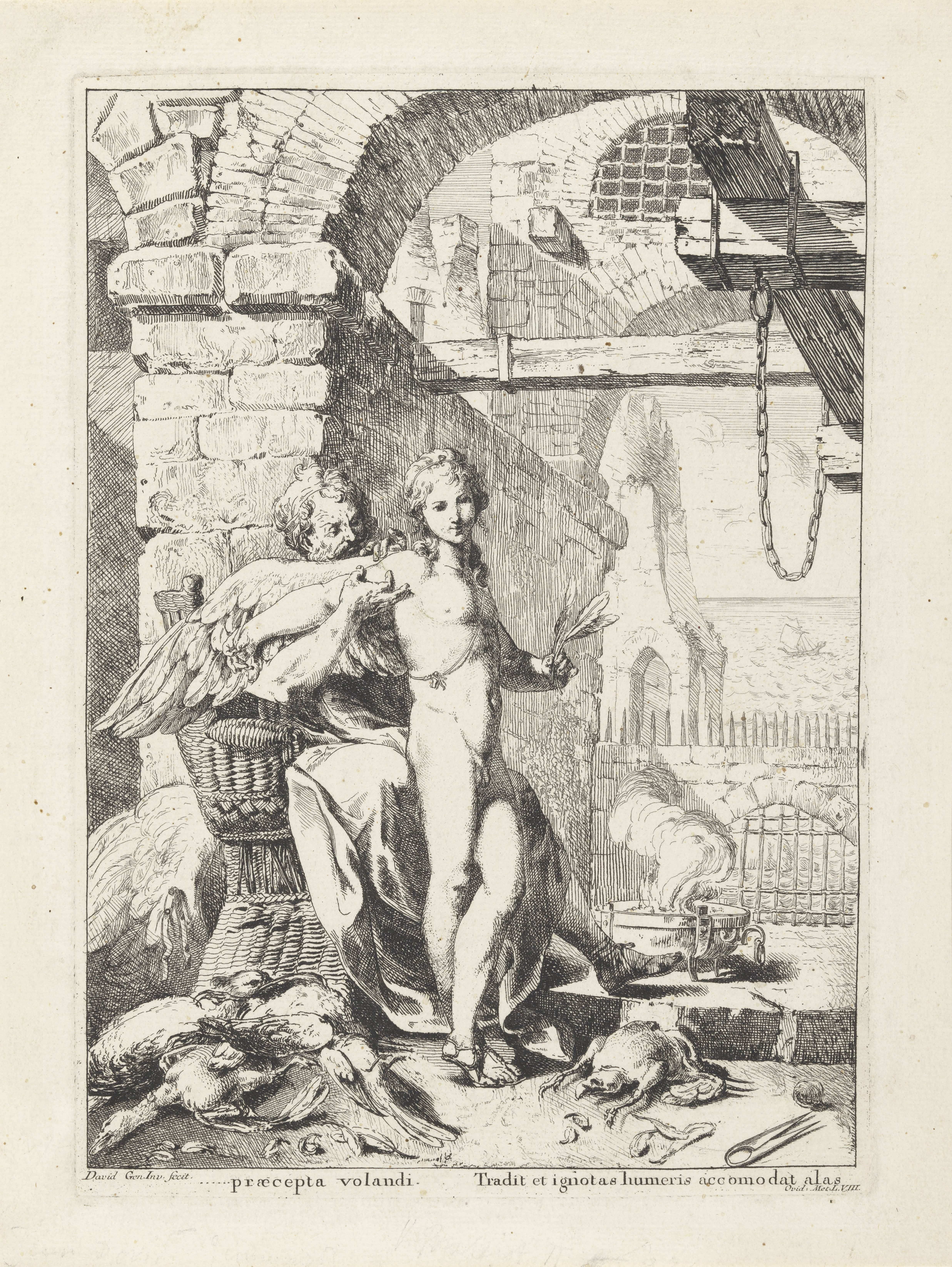 Icarus krijgt van Daedalus zijn vleugels aangezet