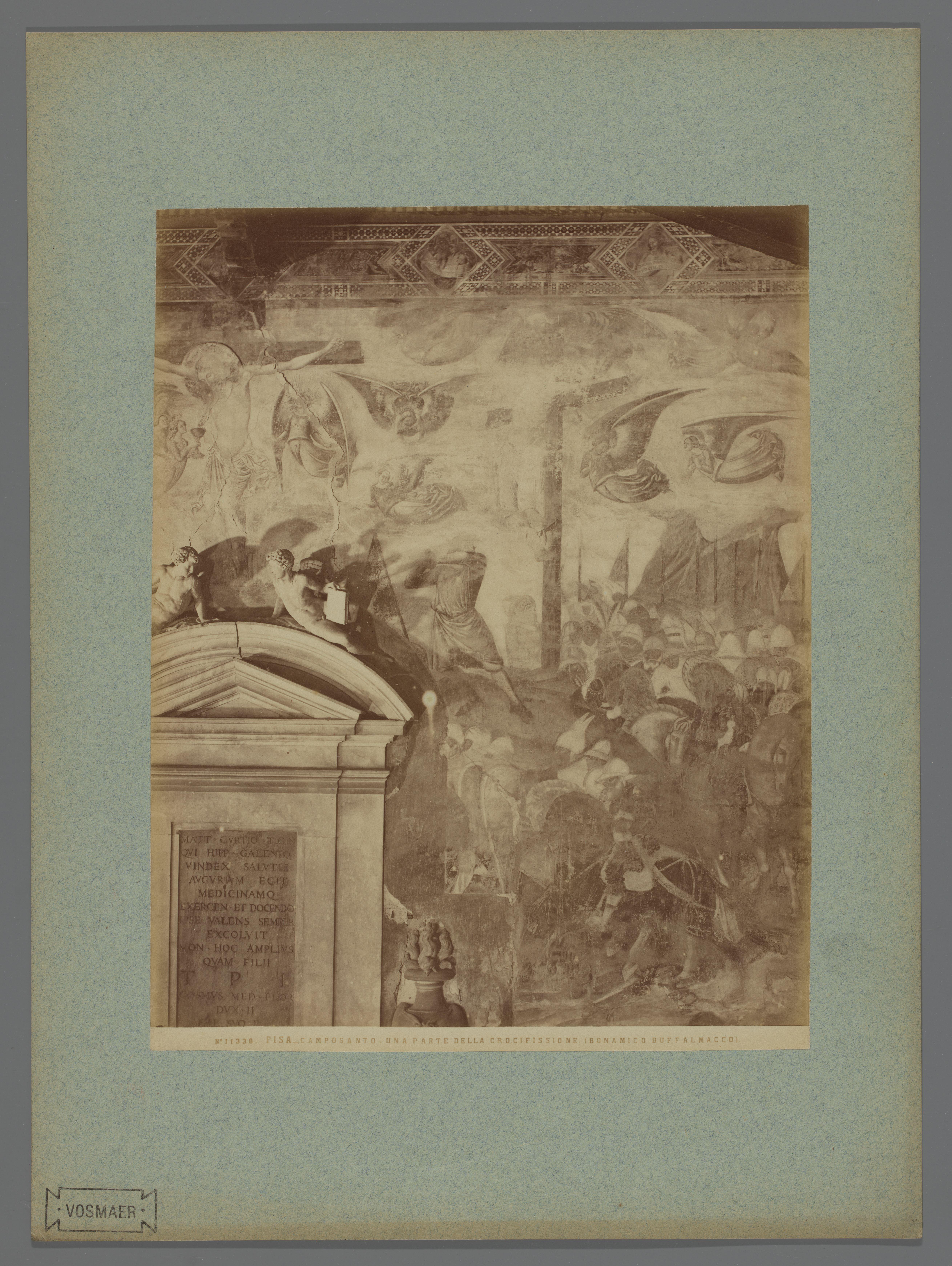 Fotoreproductie van een deel van het fresco Kruisiging door Buffalmacco in het Camposanto te Pisa, Italië