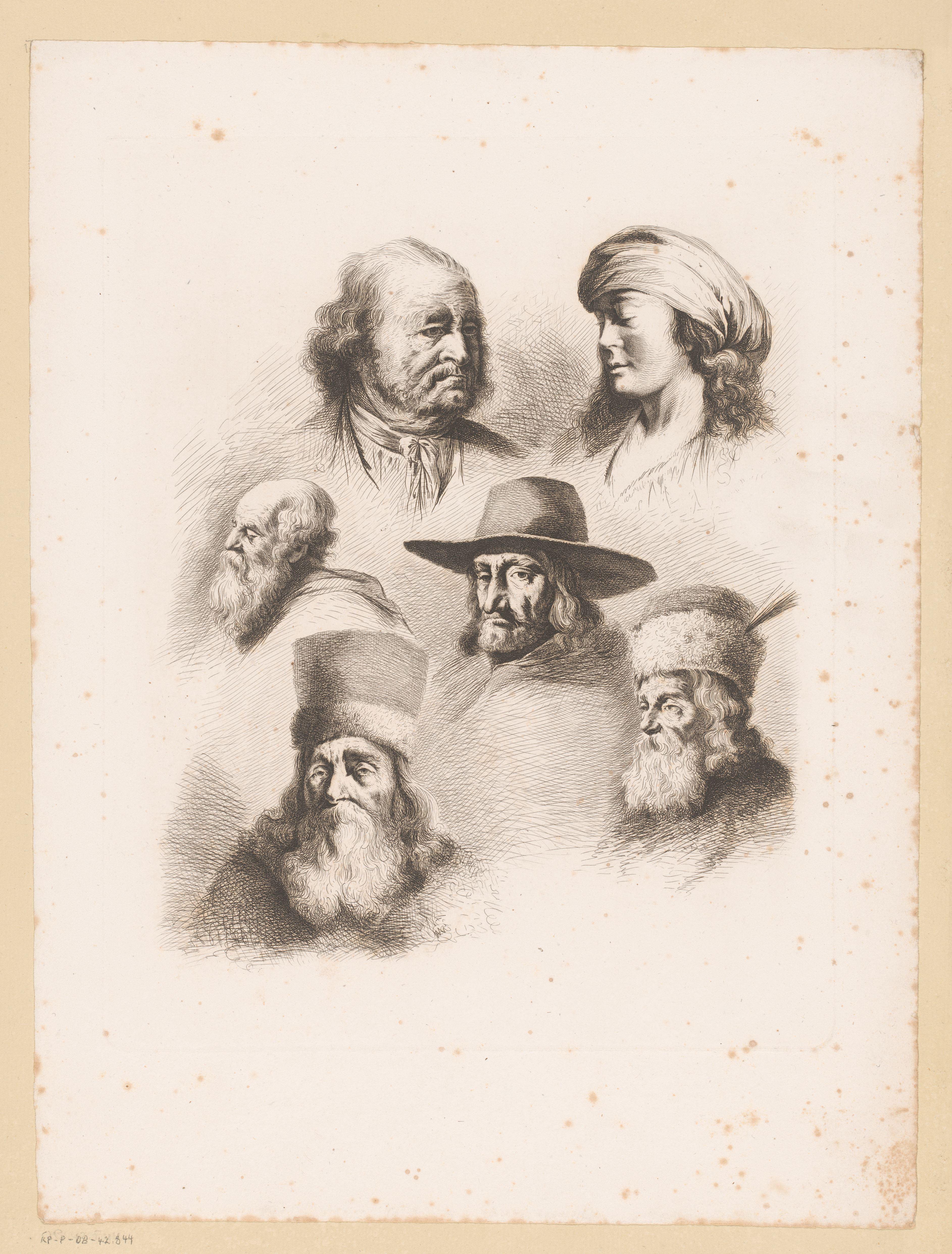 Compositie met zes hoofden van mannen en vrouwen van verschillende leeftijden